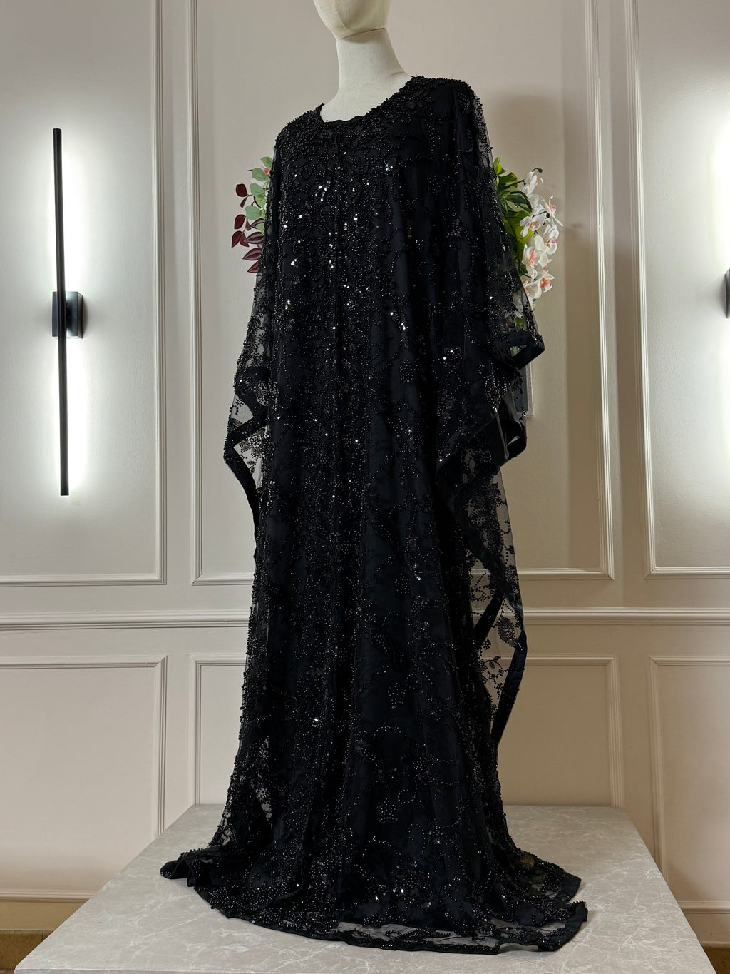 Black - Wide Butterfly Abaya in Embroidered Tulle with Pearls & Sequins