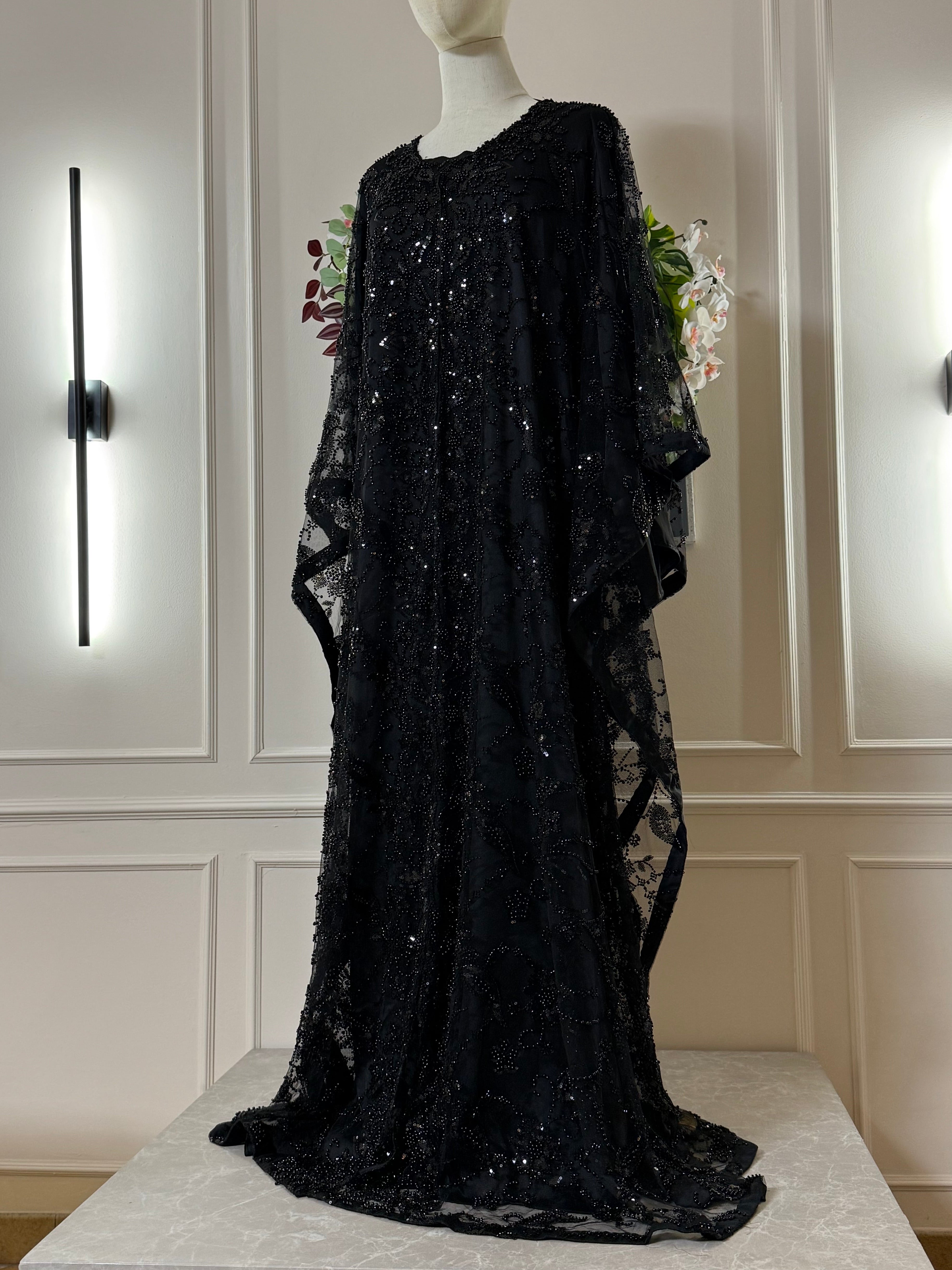 Black - Wide Butterfly Abaya in Embroidered Tulle with Pearls & Sequins