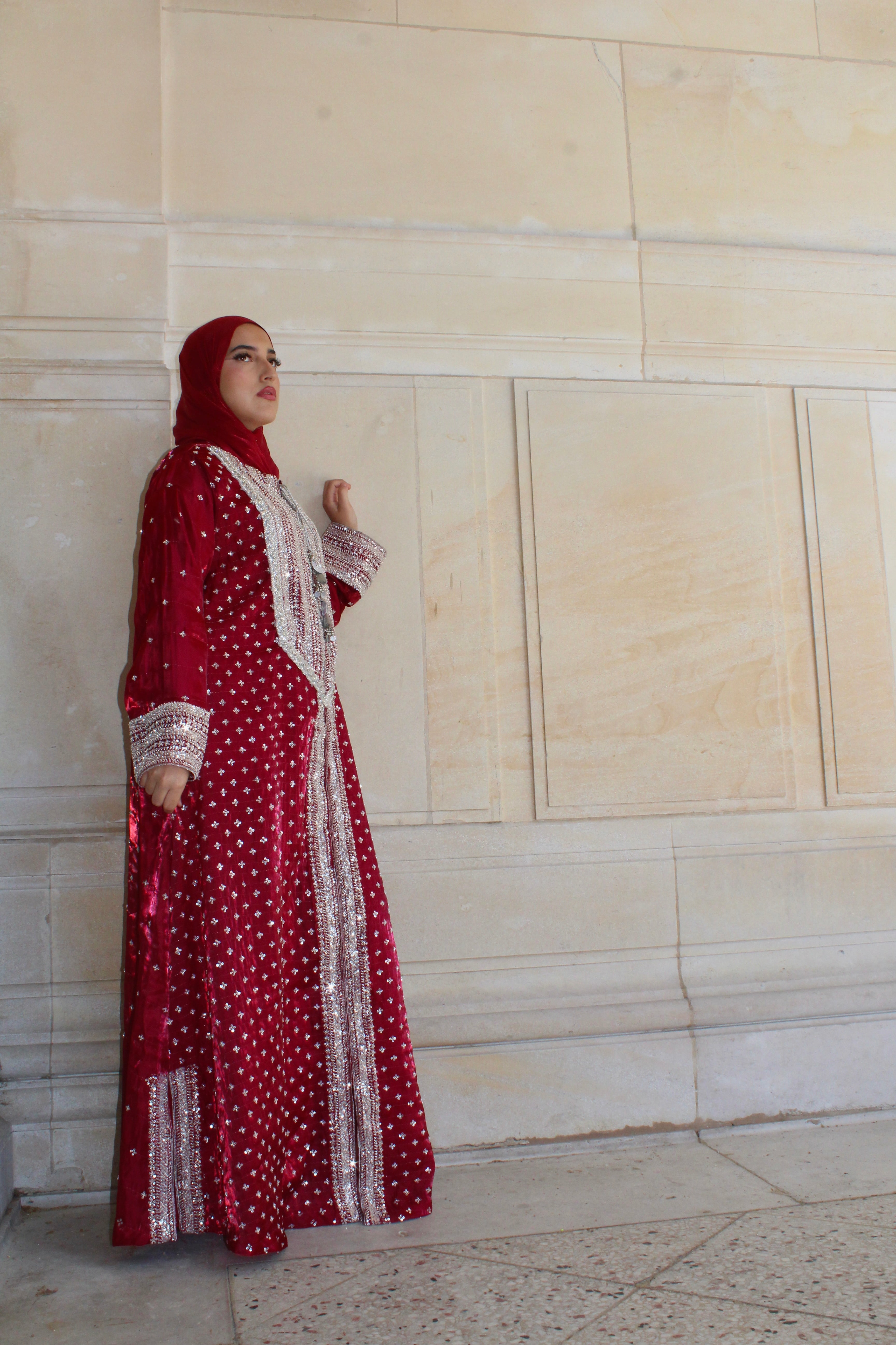 Ruby Embroidered Kaftan Dress Set – Luxury Red Silk A-Line Gown | La Parure