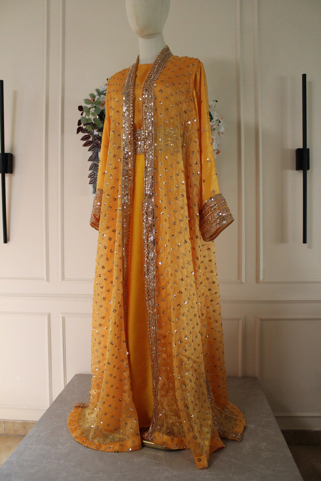 Yellow Topaz Luxury Abaya Set – Pearl Embroidered Sheesha Silk Kaftan | La Parure