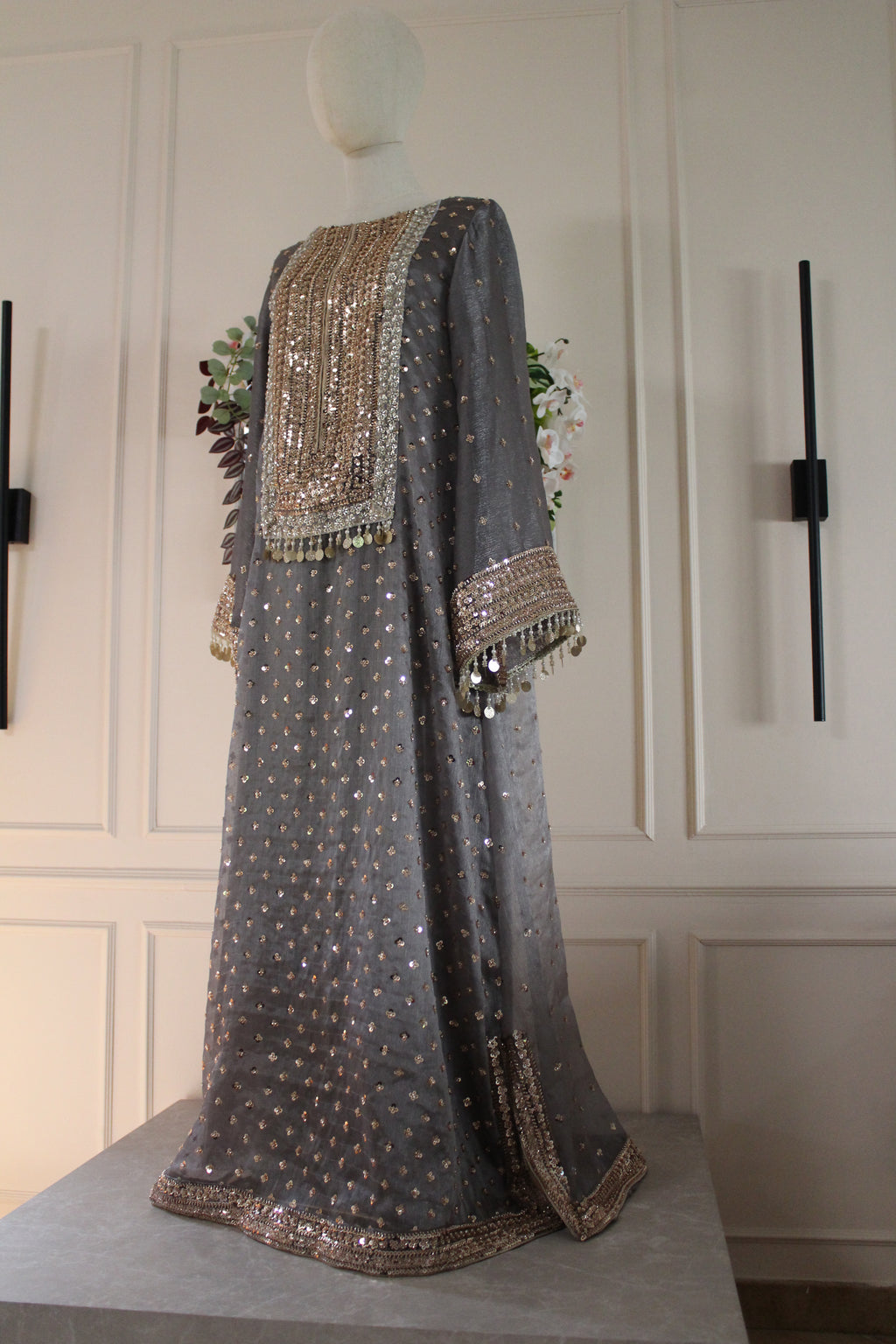 Moonstone Embroidered Kaftan Dress Set – Luxury Grey Silk A-Line Gown | La Parure