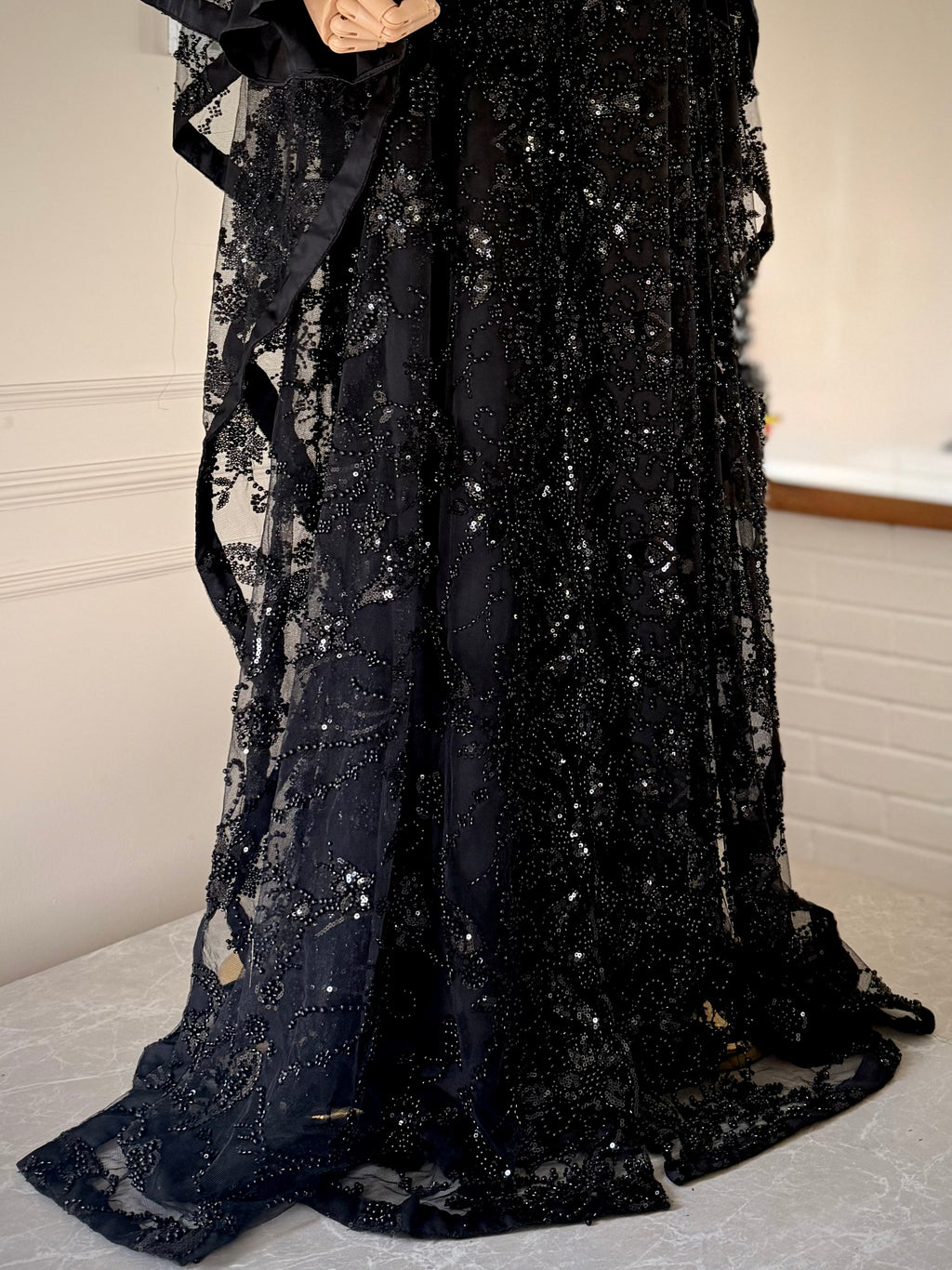 Black - Wide Butterfly Abaya in Embroidered Tulle with Pearls & Sequins