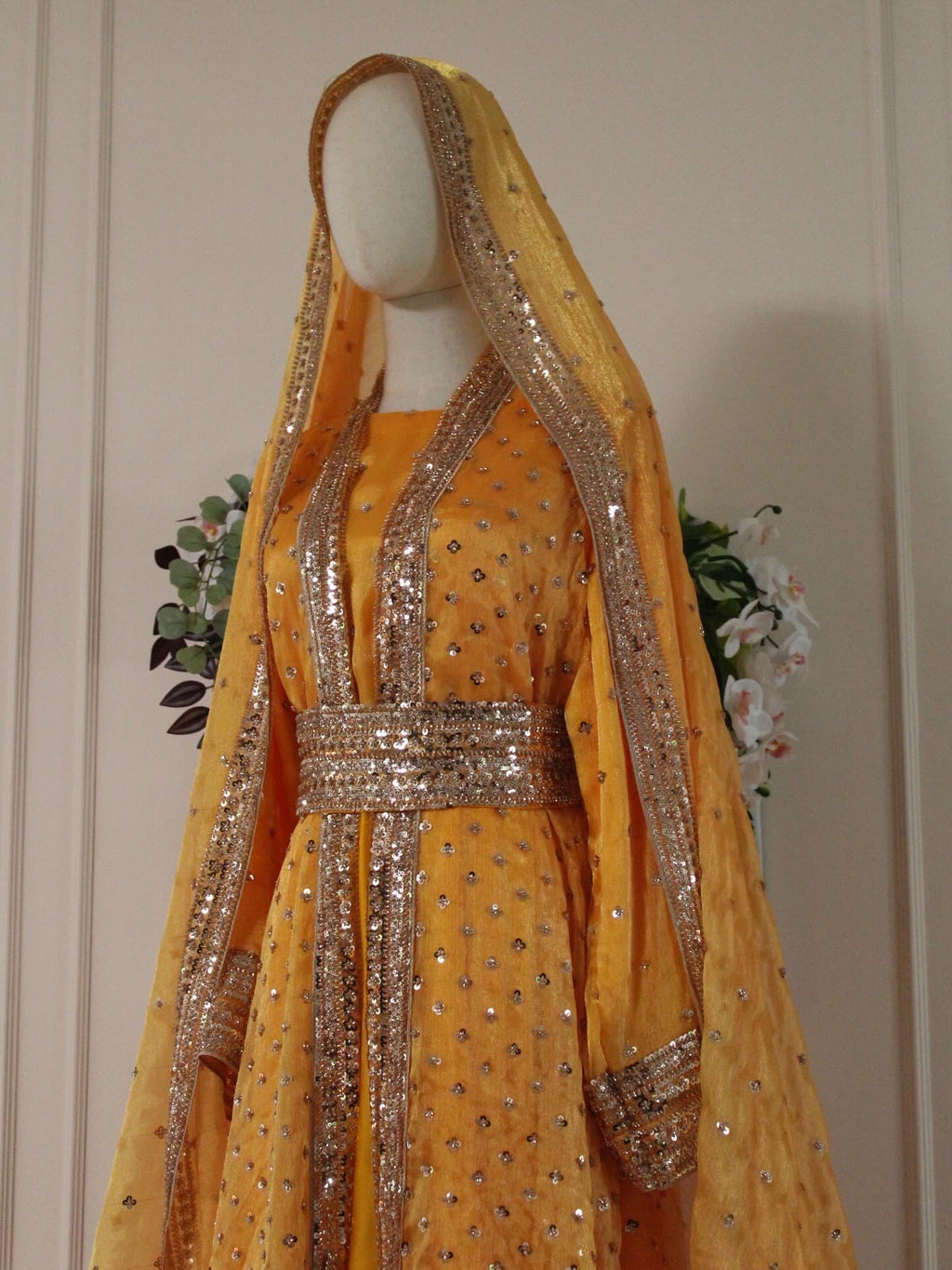 Yellow Topaz Luxury Abaya Set – Pearl Embroidered Sheesha Silk Kaftan | La Parure