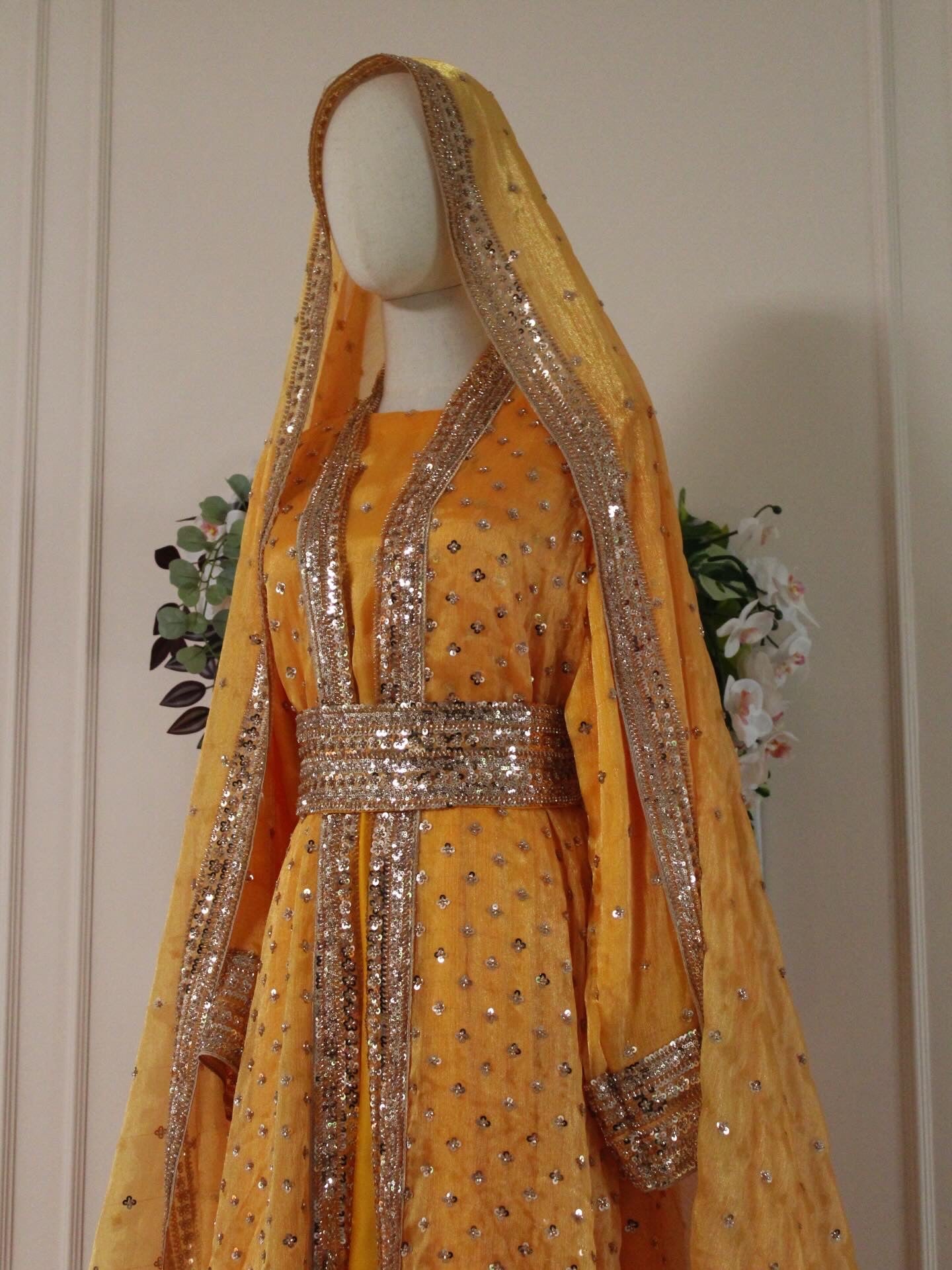 Yellow Topaz Luxury Abaya Set – Pearl Embroidered Sheesha Silk Kaftan | La Parure