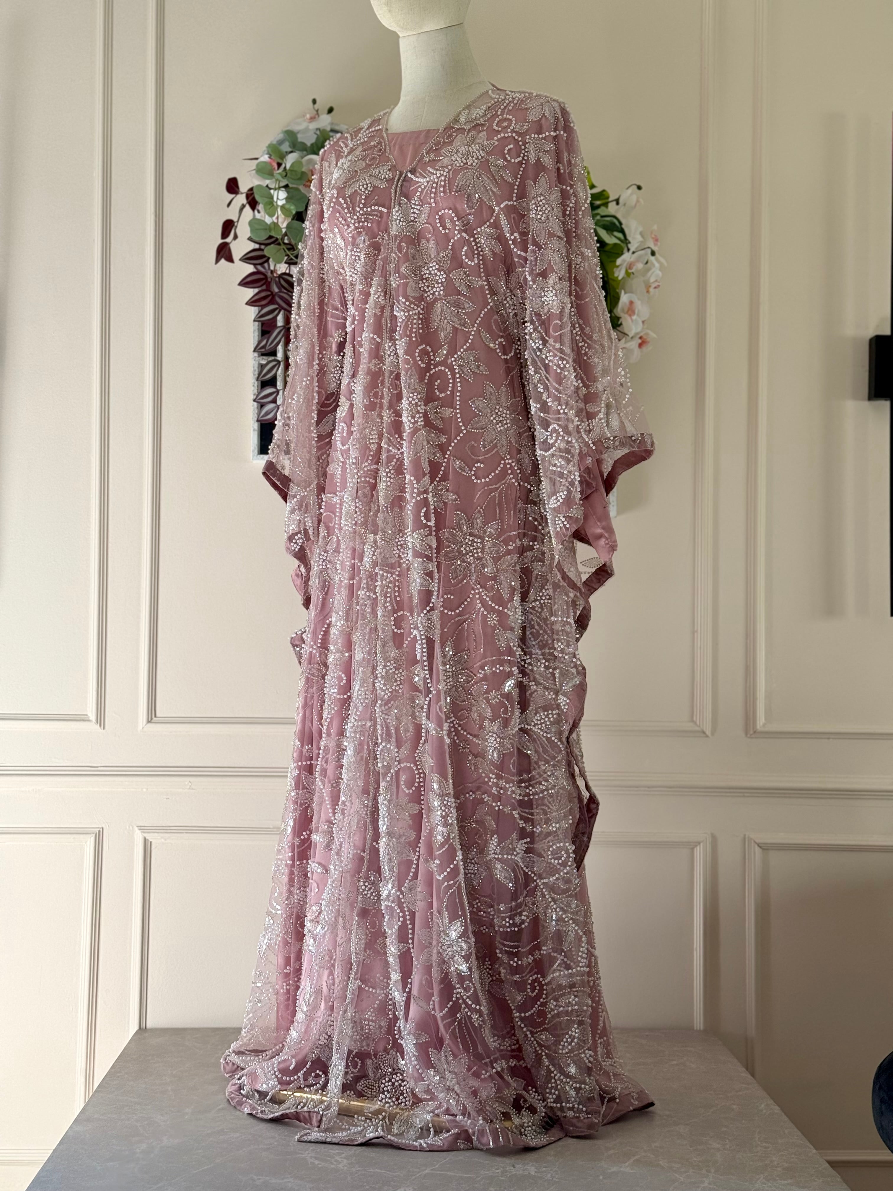 Dusty Rose - Wide Butterfly Abaya in Embroidered Tulle with Pearls & Sequins