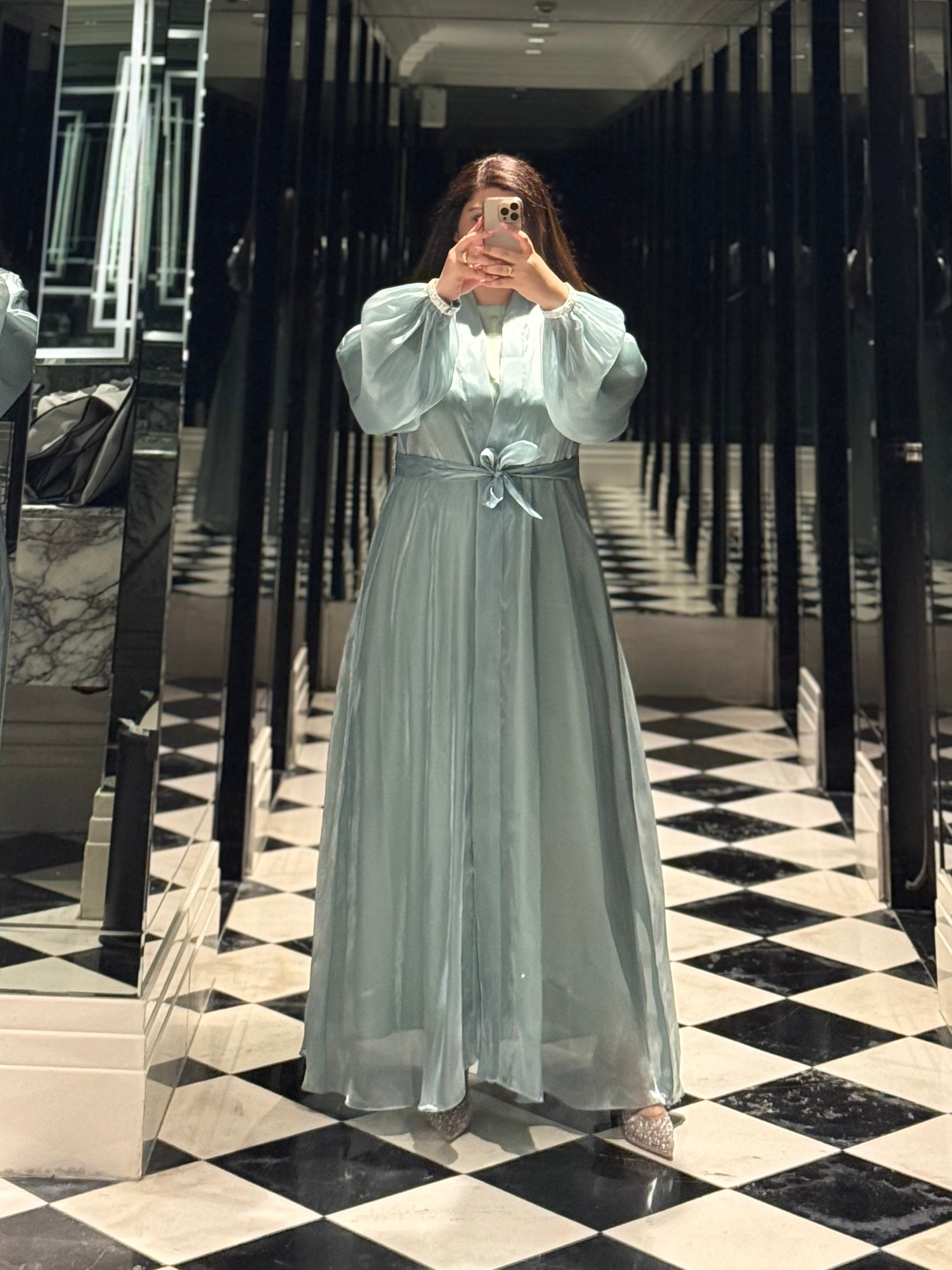 Mint Sea Abaya | Sheesha Silk with Beaded Lace Sleeves & Silk Lining