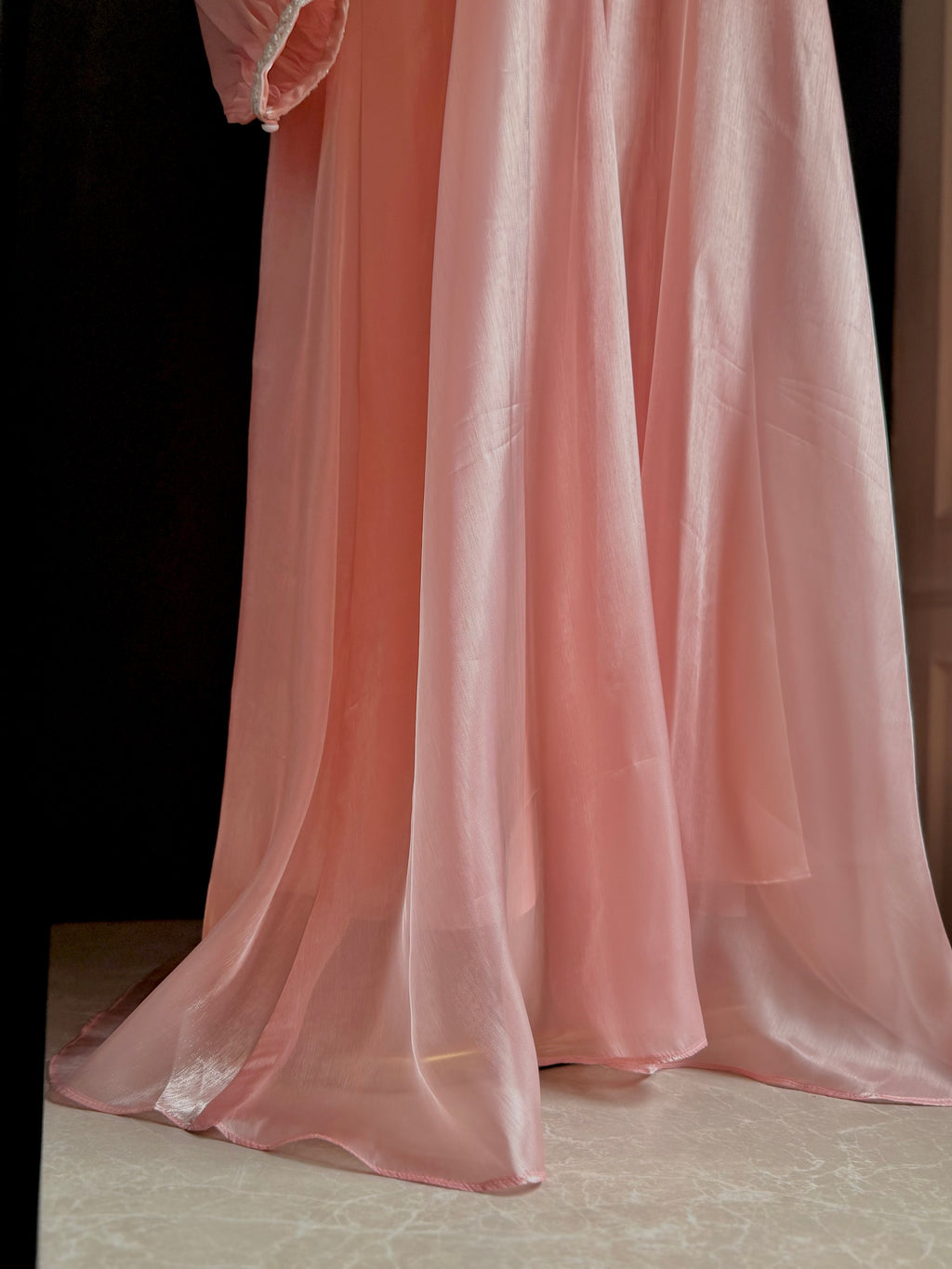 Blush Petal Abaya | Sheesha Silk with Beaded Lace Sleeves & Satin Lining
