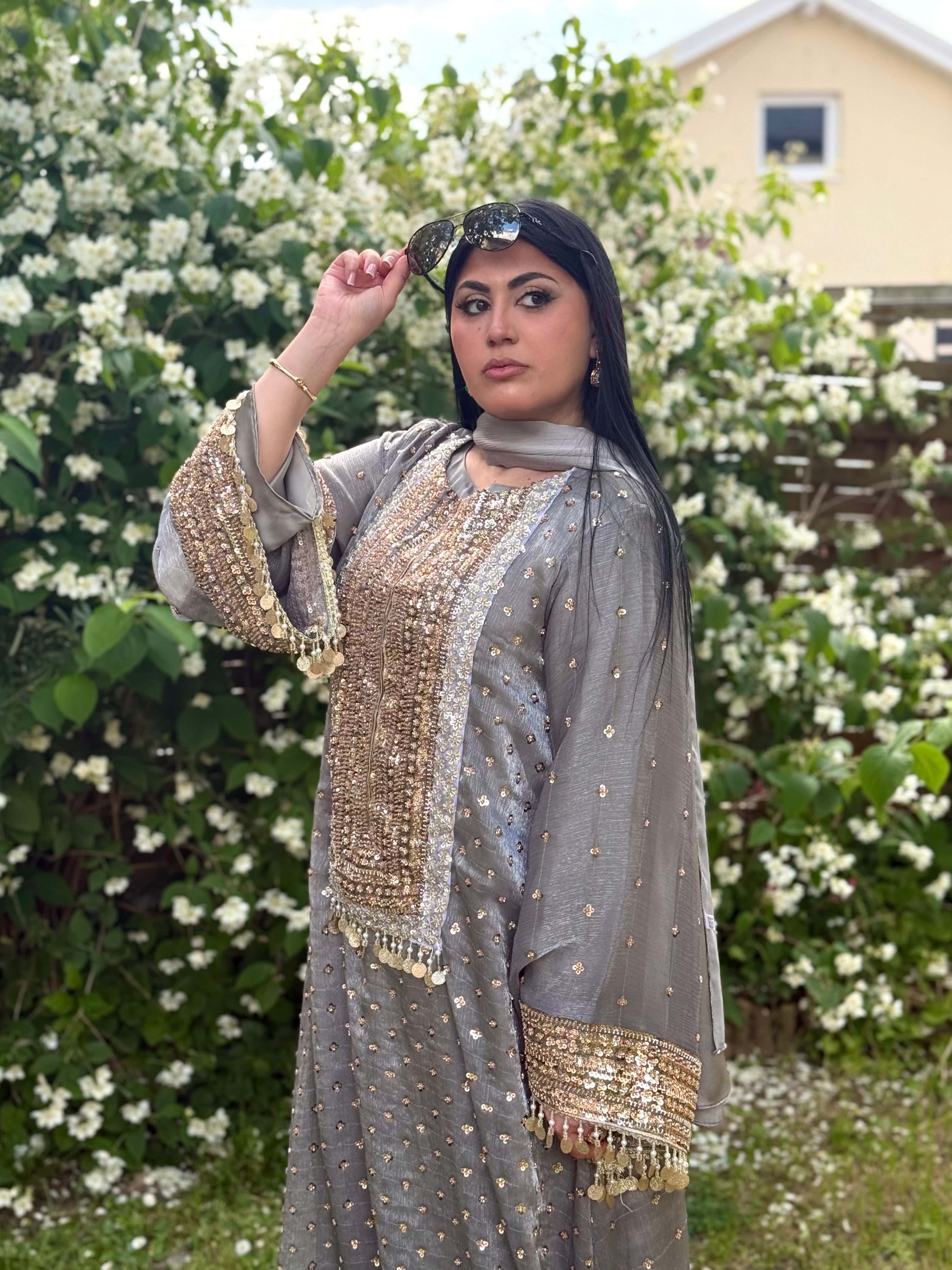 Moonstone Embroidered Kaftan Dress Set – Luxury Grey Silk A-Line Gown | La Parure