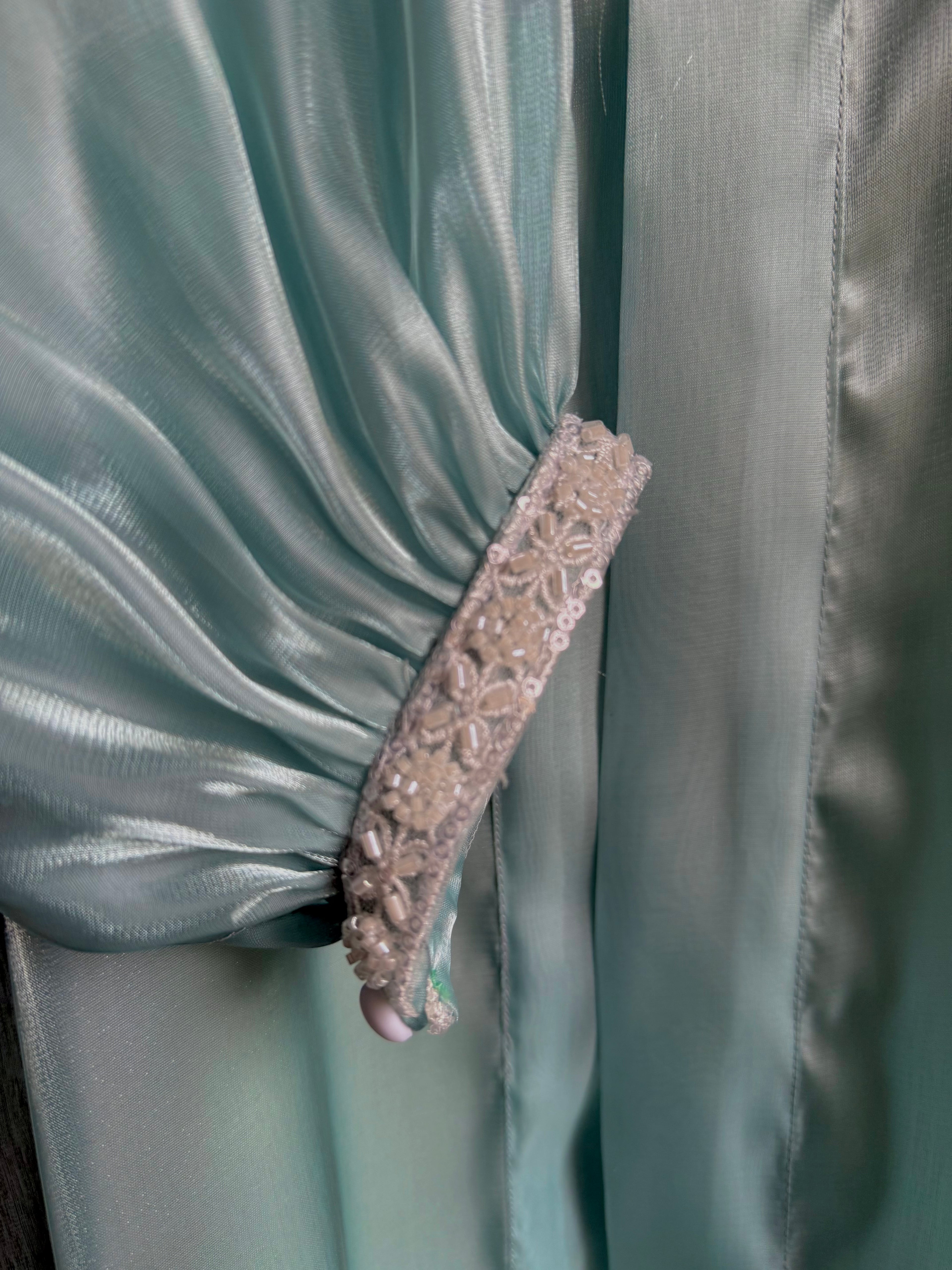 Mint Sea Abaya | Sheesha Silk with Beaded Lace Sleeves & Silk Lining