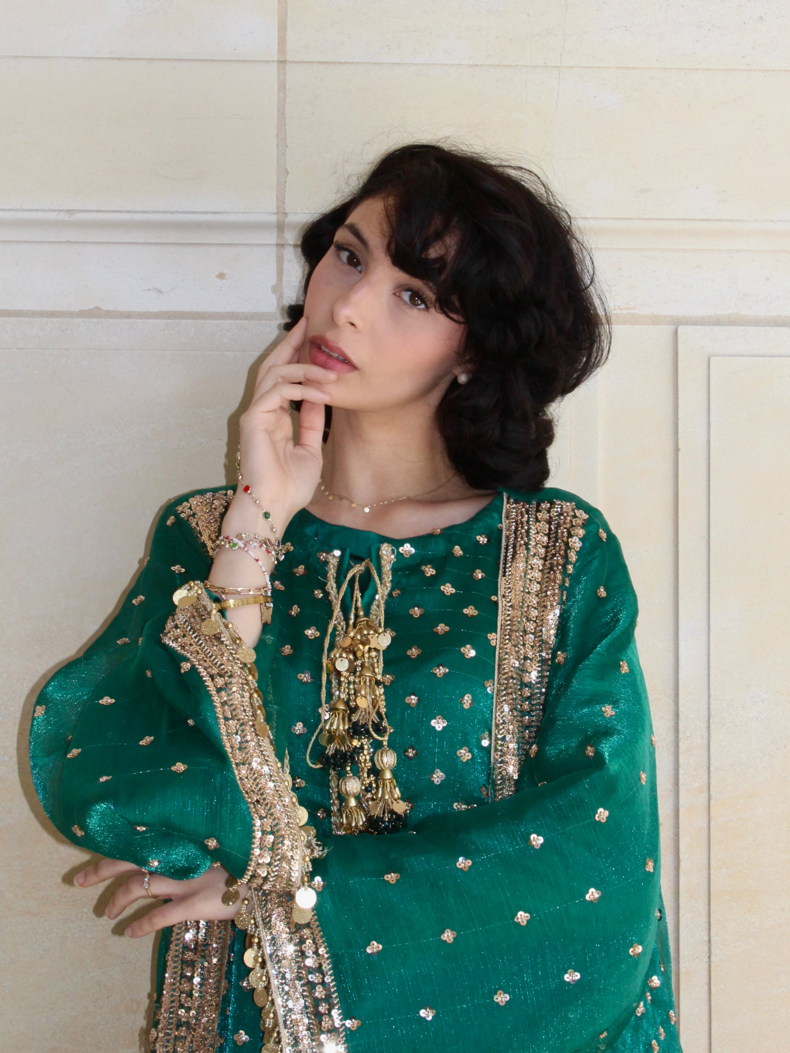 Emerald Embroidered Kaftan Dress Set – Luxury Green Silk A-Line Gown | La Parure