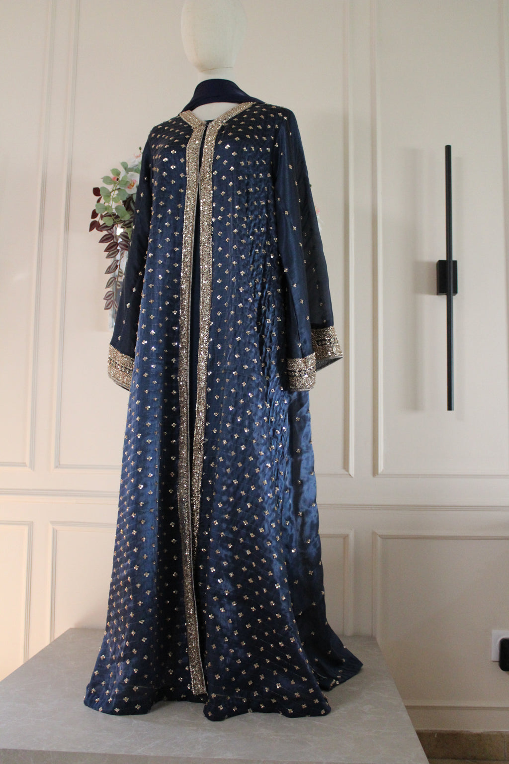 Navy Sapphire Abaya Set – Pearl Embroidered Silk Abaya with Belt | La Parure