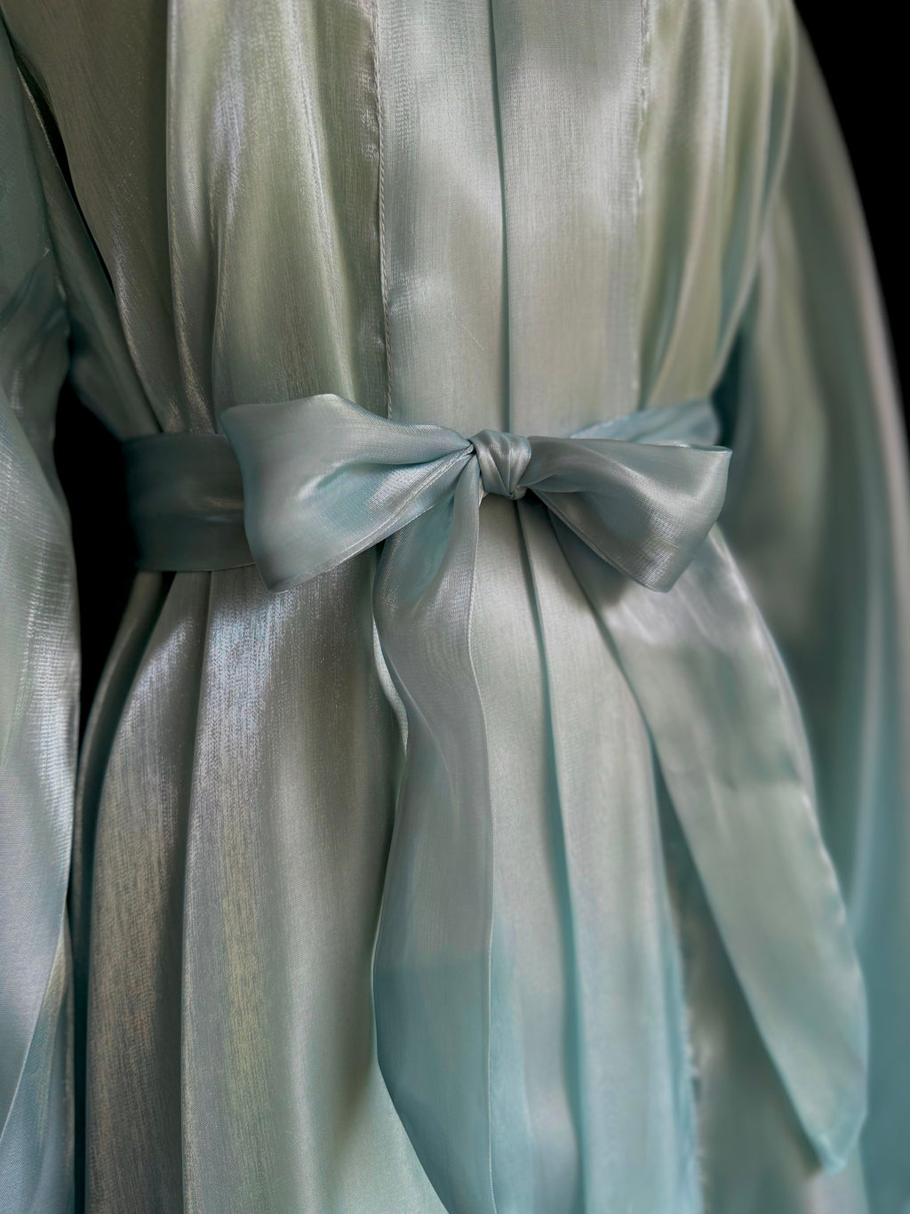 Mint Sea Abaya | Sheesha Silk with Beaded Lace Sleeves & Silk Lining