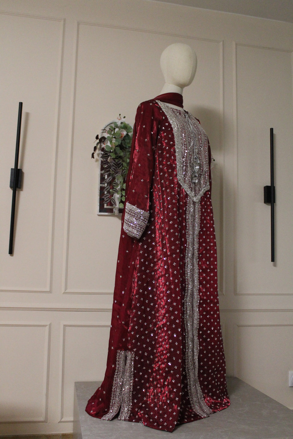 Ruby Embroidered Kaftan Dress Set – Luxury Red Silk A-Line Gown | La Parure