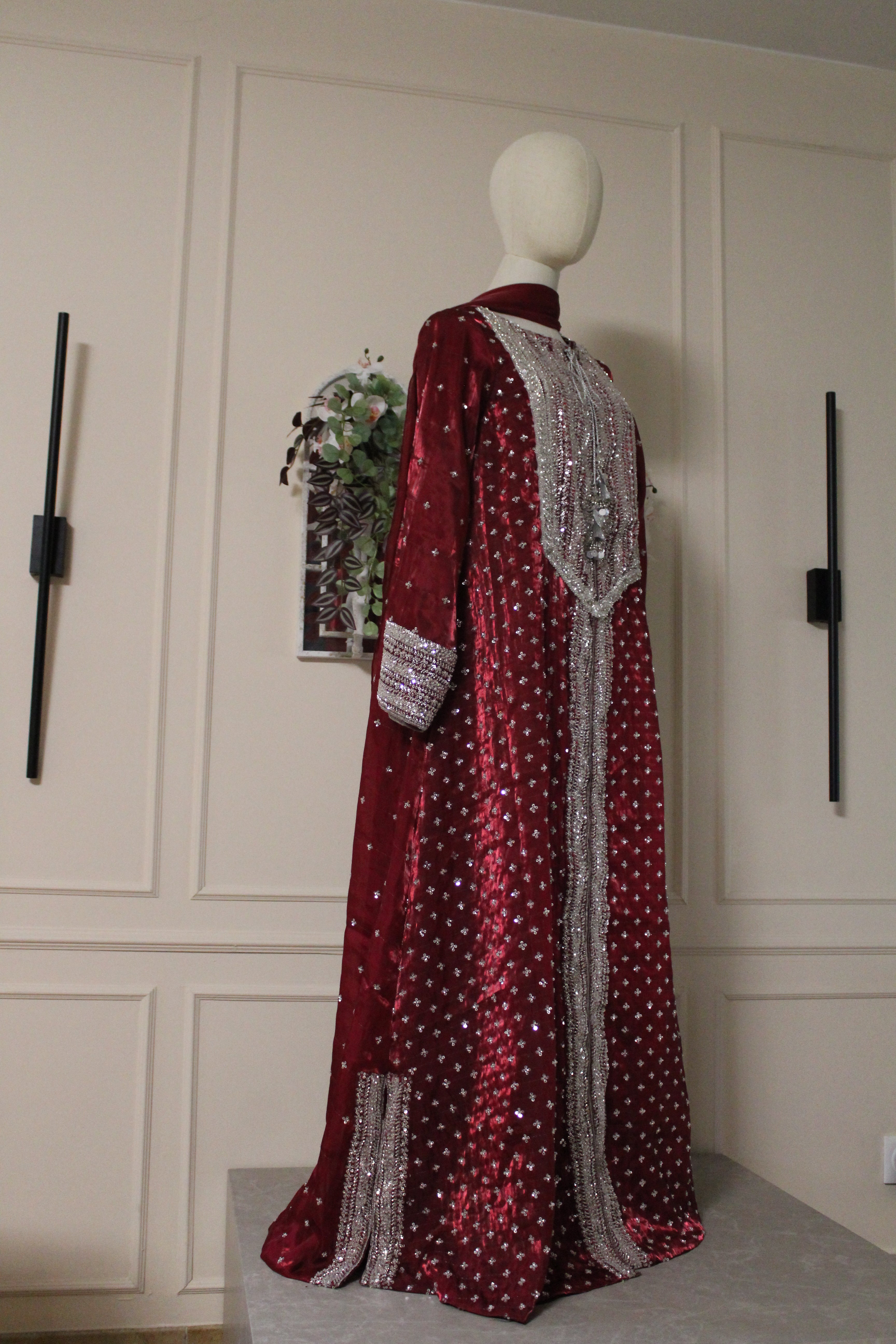 Ruby Embroidered Kaftan Dress Set – Luxury Red Silk A-Line Gown | La Parure
