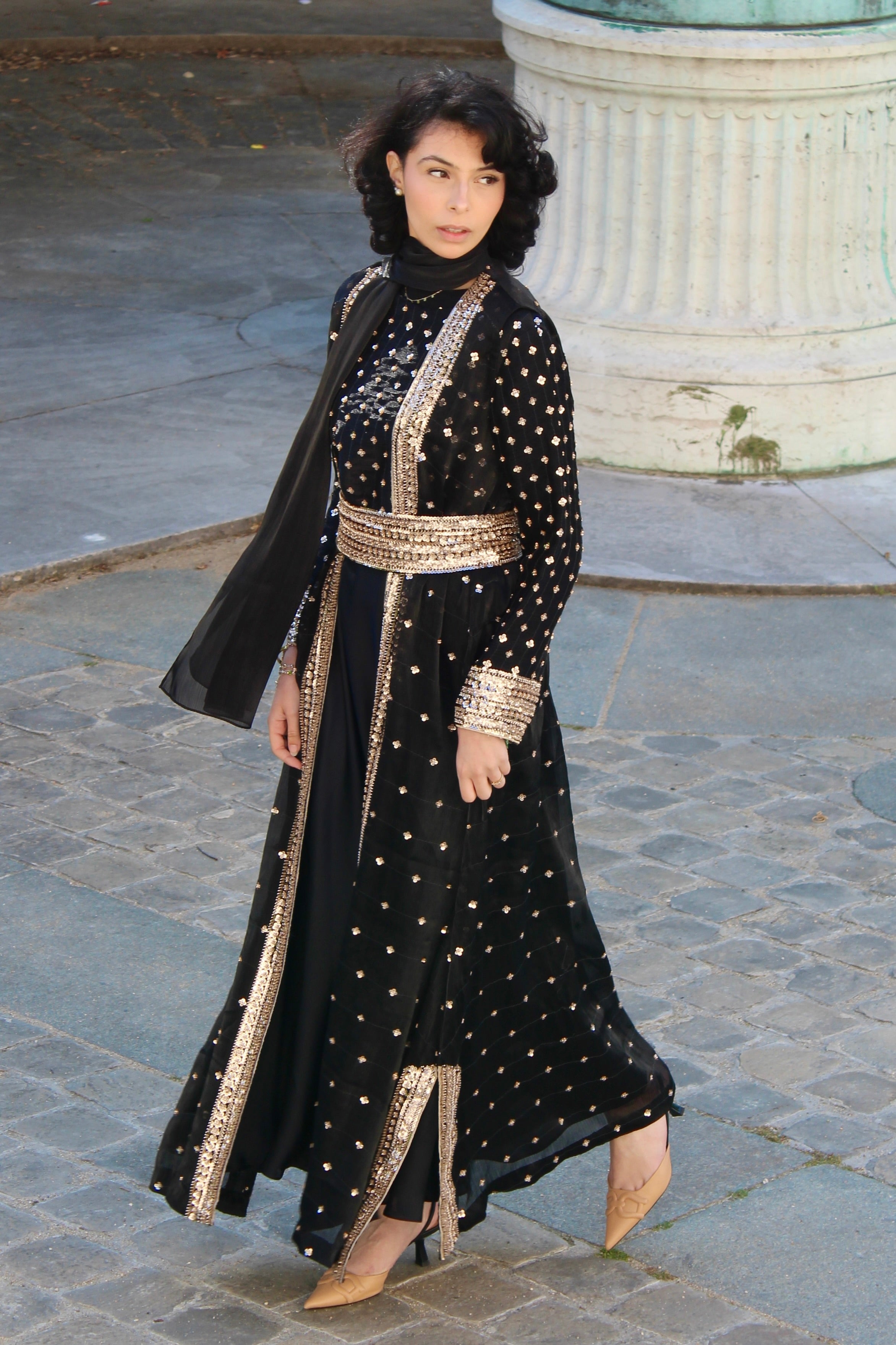 Black Onyx Luxury Abaya Set – Pearl Embroidered Sheesha Silk Kaftan | La Parure