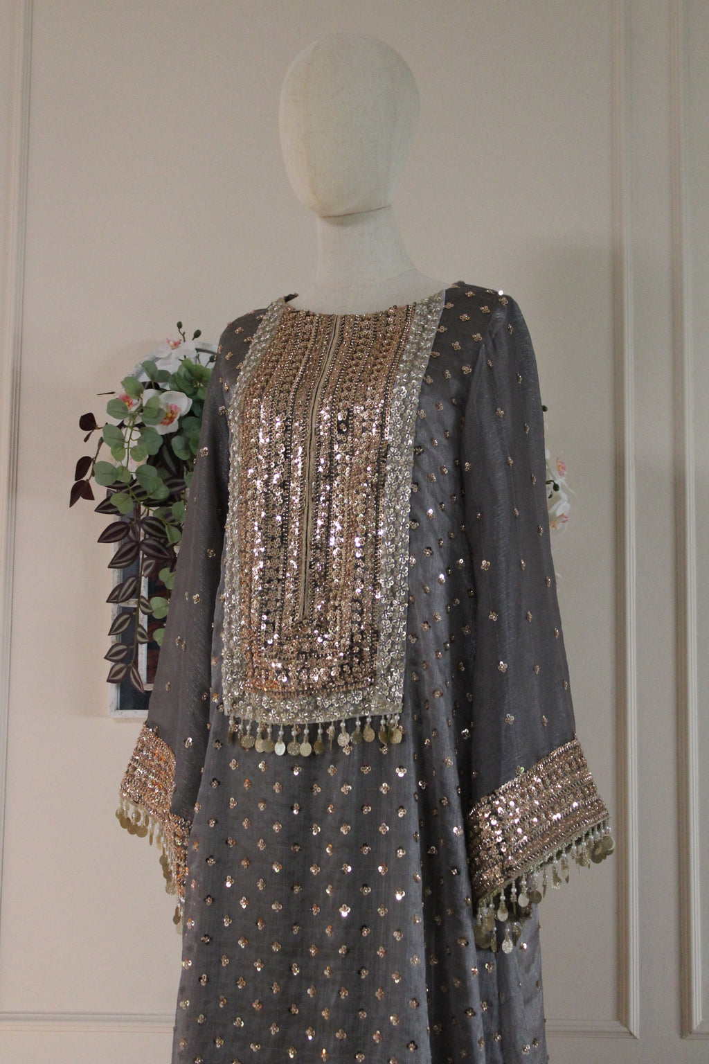 Moonstone Embroidered Kaftan Dress Set – Luxury Grey Silk A-Line Gown | La Parure