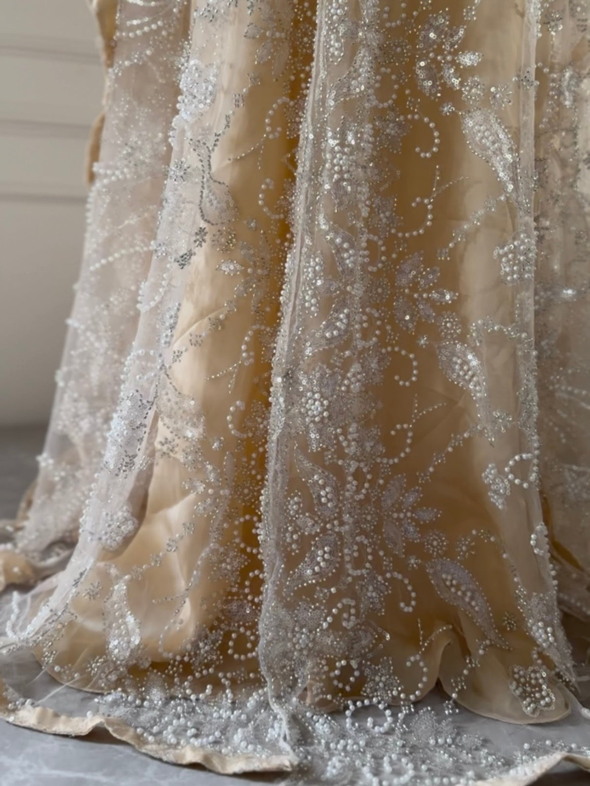 Gold - Wide Butterfly Abaya in Embroidered Tulle with Pearls & Sequins