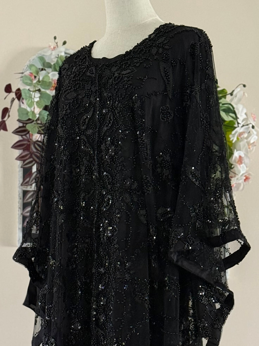 Black - Wide Butterfly Abaya in Embroidered Tulle with Pearls & Sequins