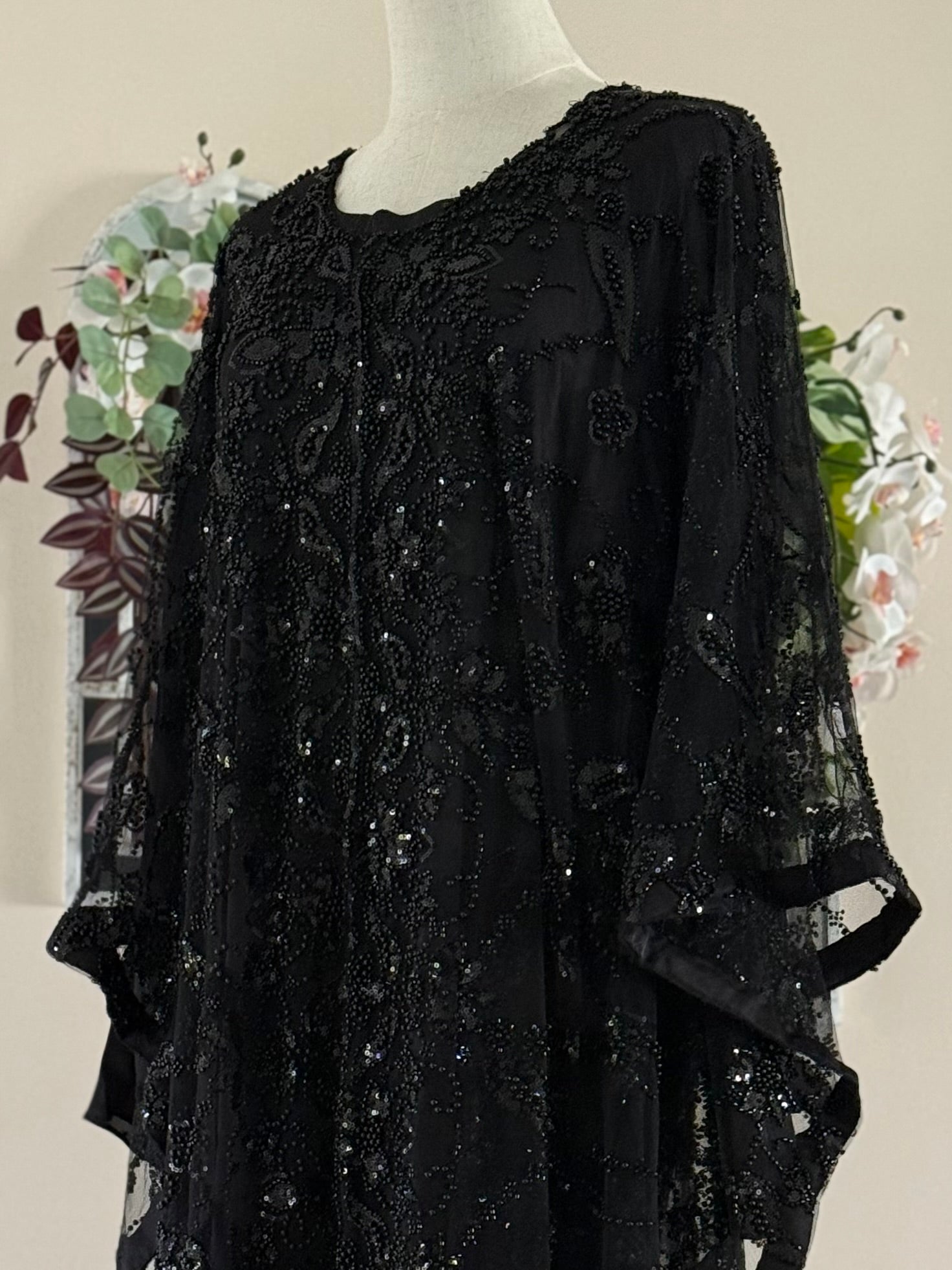 Black - Wide Butterfly Abaya in Embroidered Tulle with Pearls & Sequins