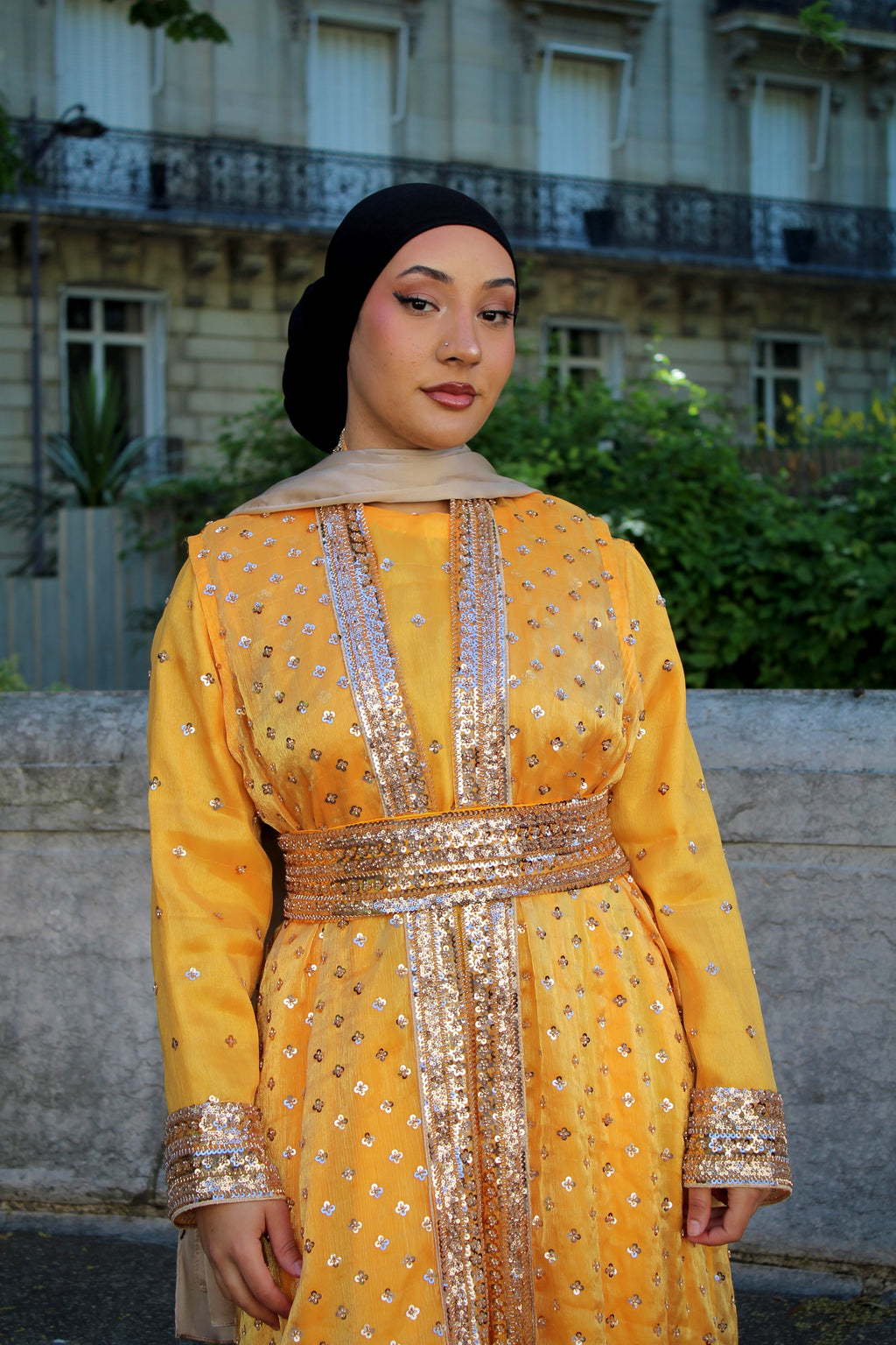Yellow Topaz Luxury Abaya Set – Pearl Embroidered Sheesha Silk Kaftan | La Parure