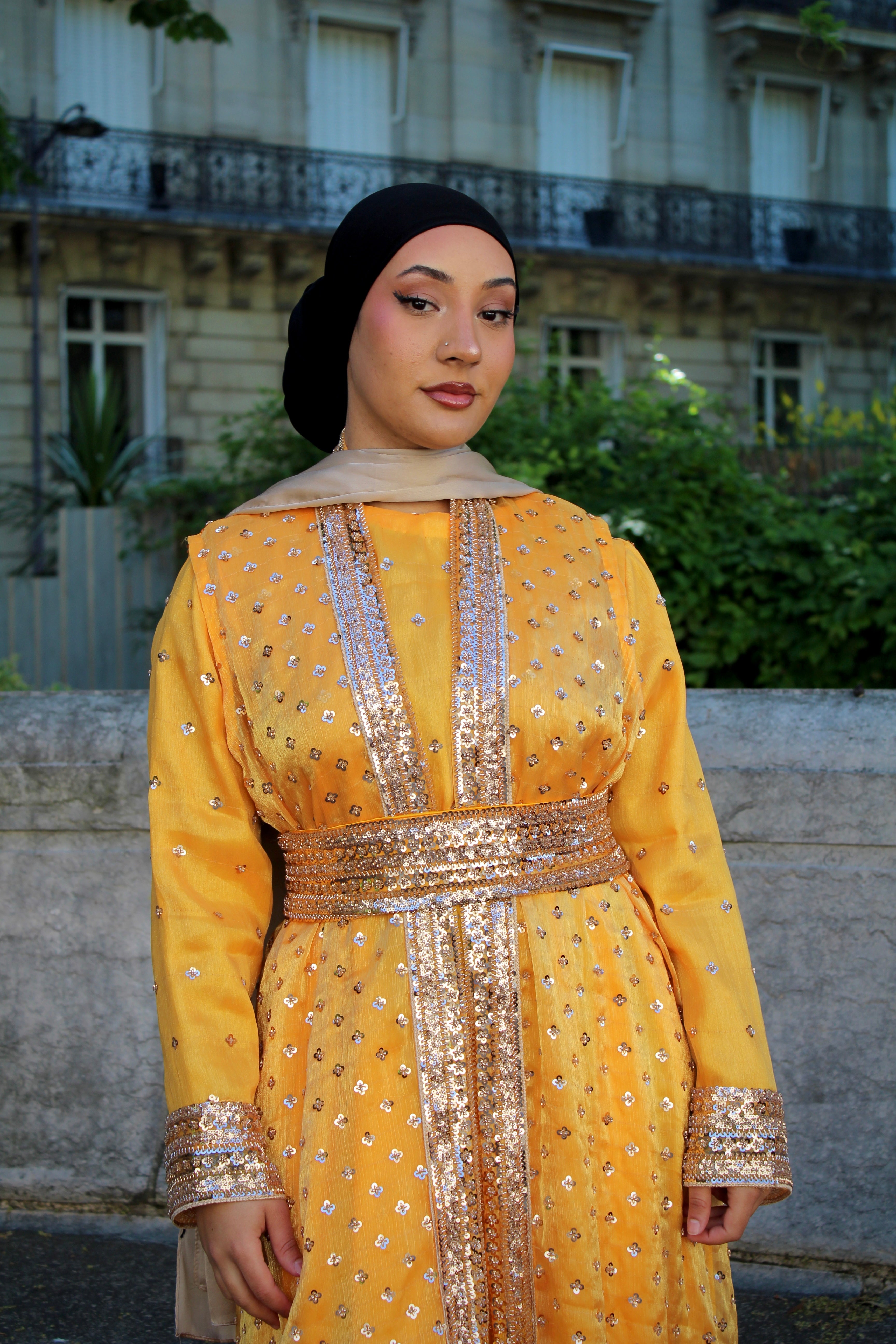 Yellow Topaz Luxury Abaya Set – Pearl Embroidered Sheesha Silk Kaftan | La Parure