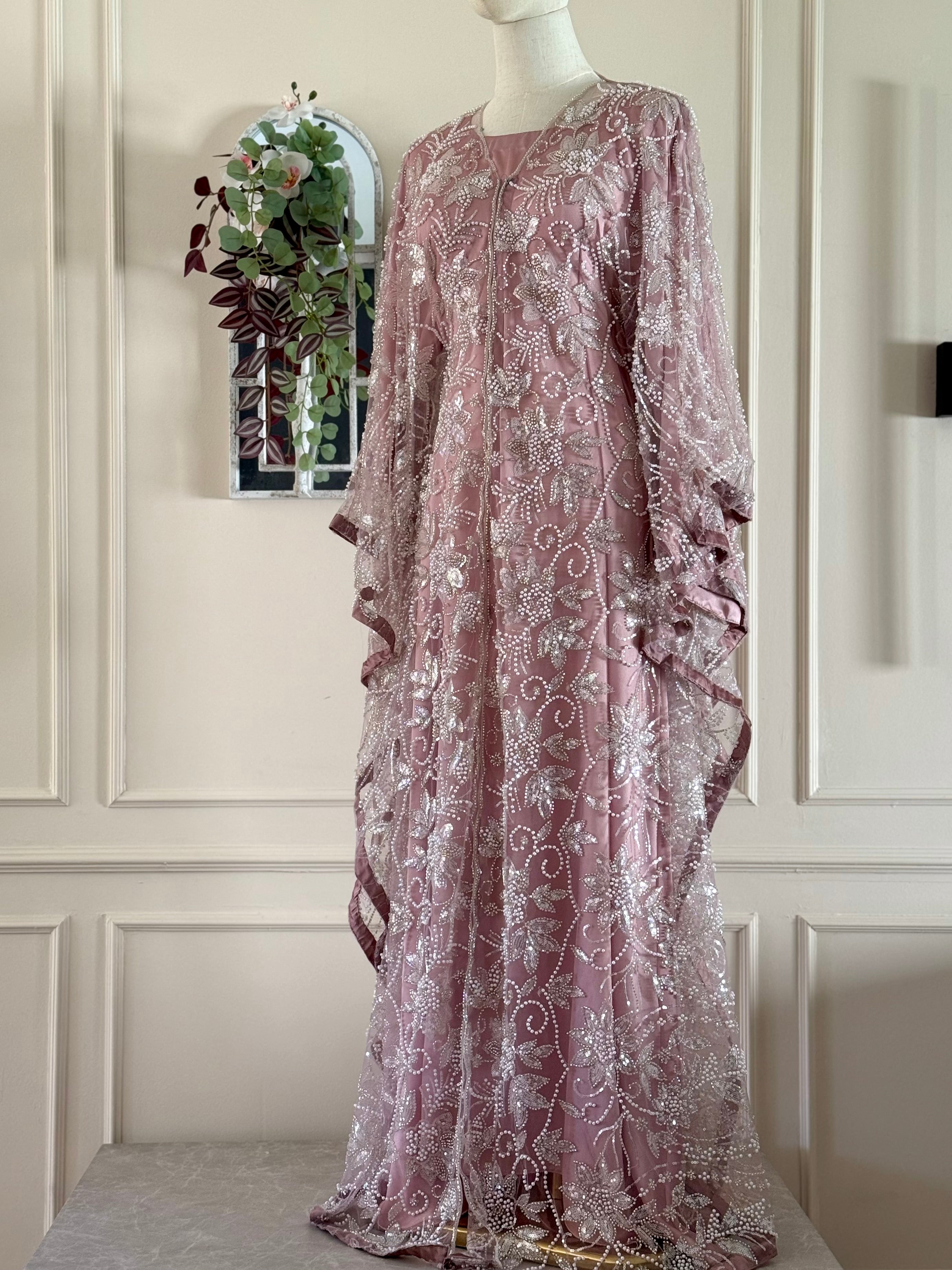 Dusty Rose - Wide Butterfly Abaya in Embroidered Tulle with Pearls & Sequins