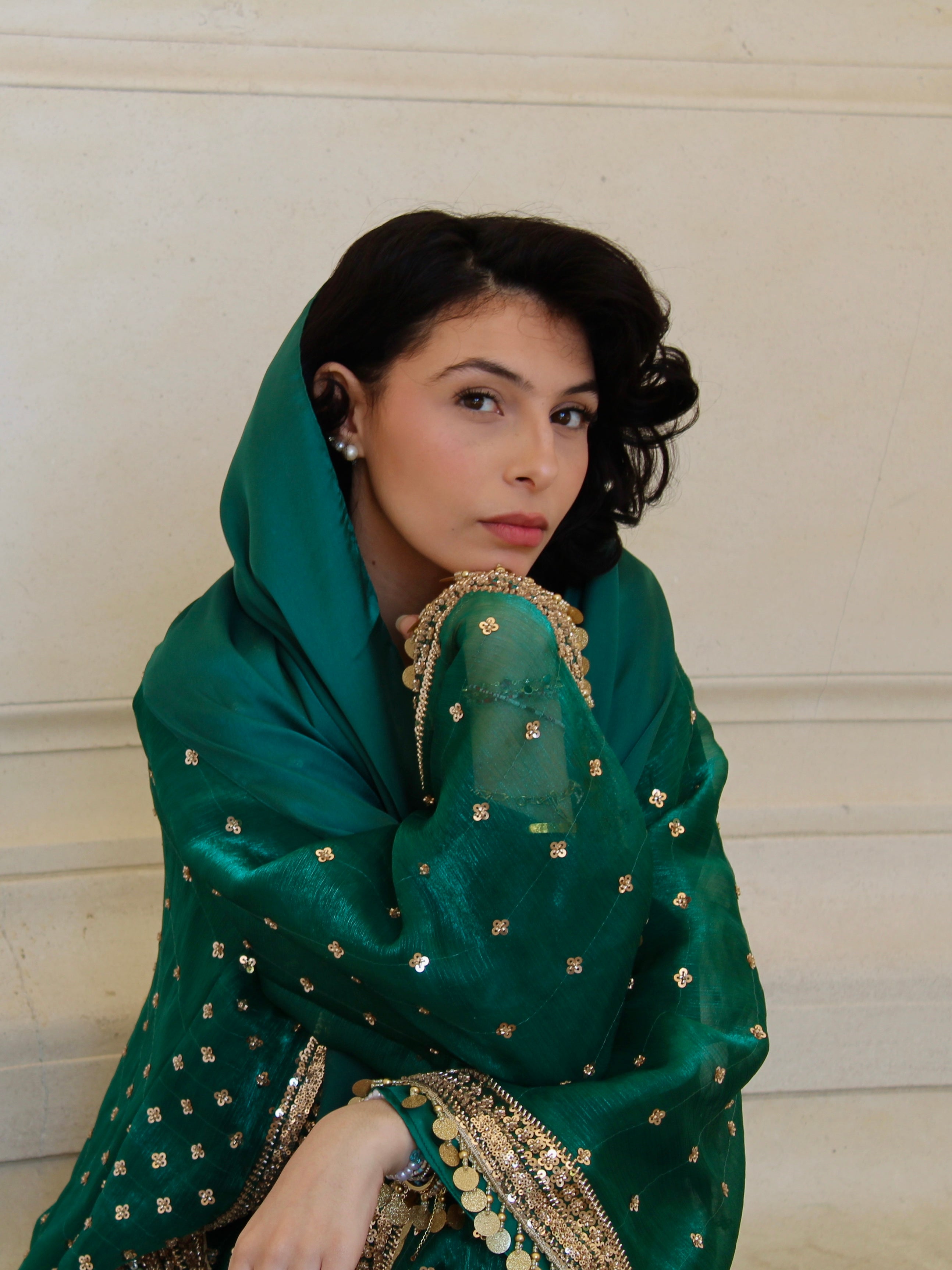 Emerald Embroidered Kaftan Dress Set – Luxury Green Silk A-Line Gown | La Parure