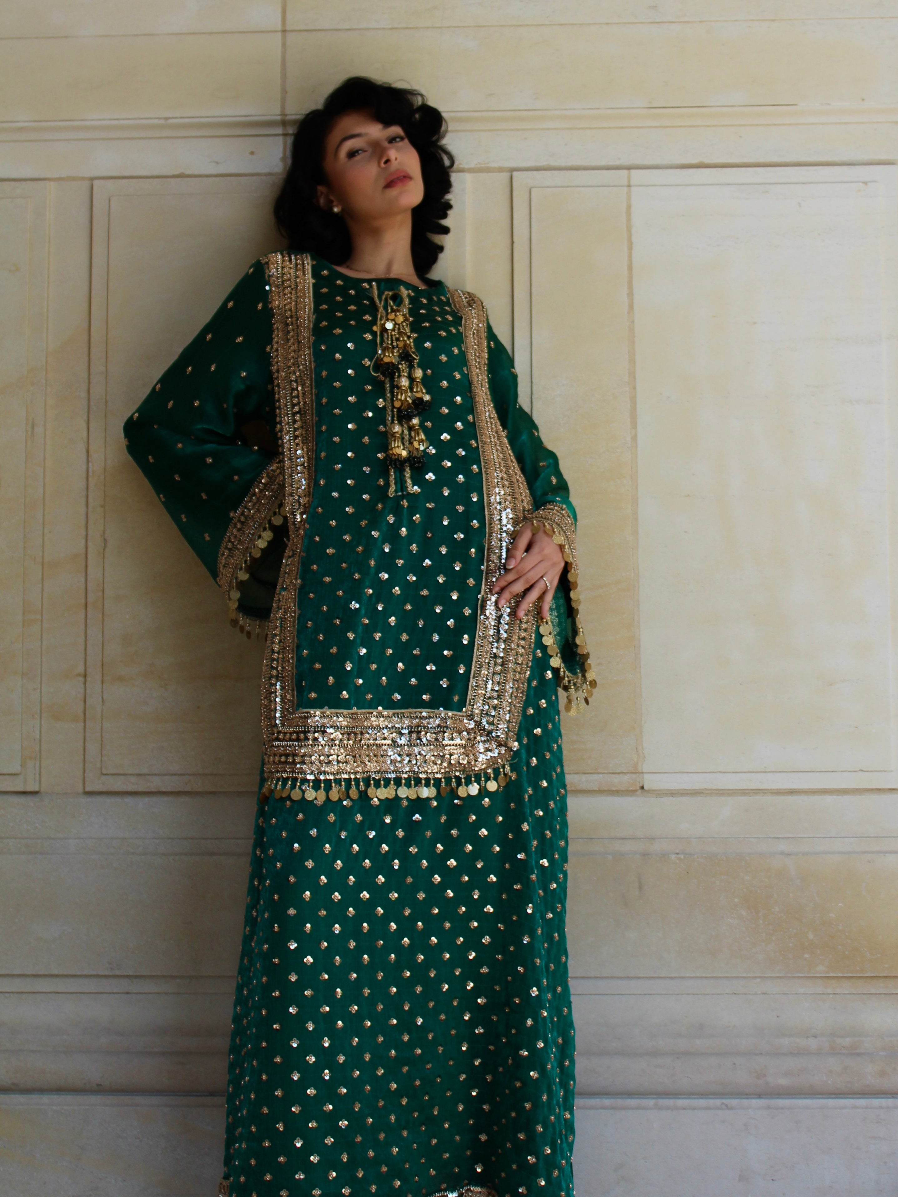 Emerald Embroidered Kaftan Dress Set – Luxury Green Silk A-Line Gown | La Parure