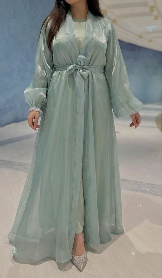 Mint Sea Abaya | Sheesha Silk with Beaded Lace Sleeves & Silk Lining