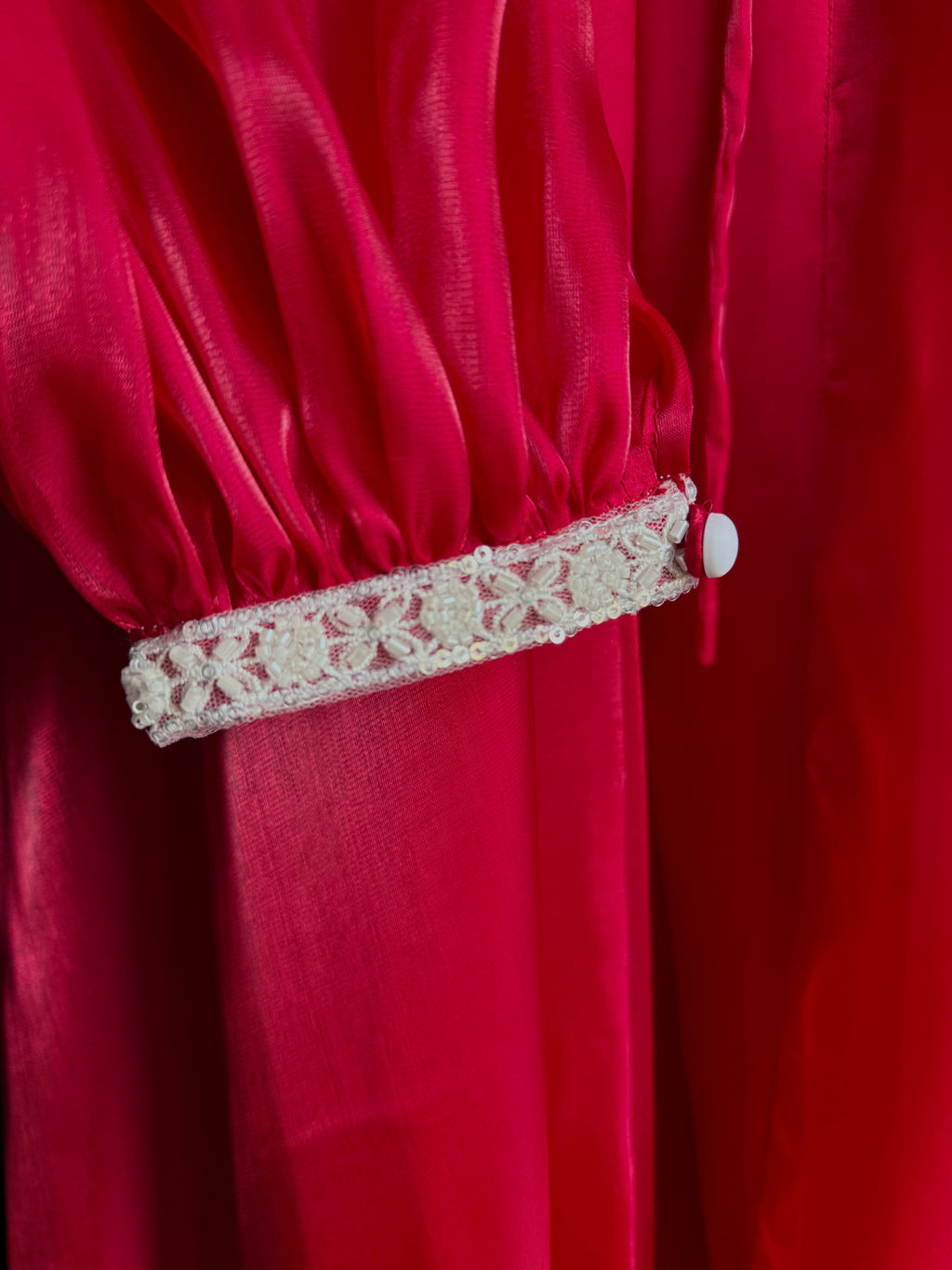 Crimson Petal Abaya | Sheesha Silk with Beaded Lace Sleeves & Silk Lining