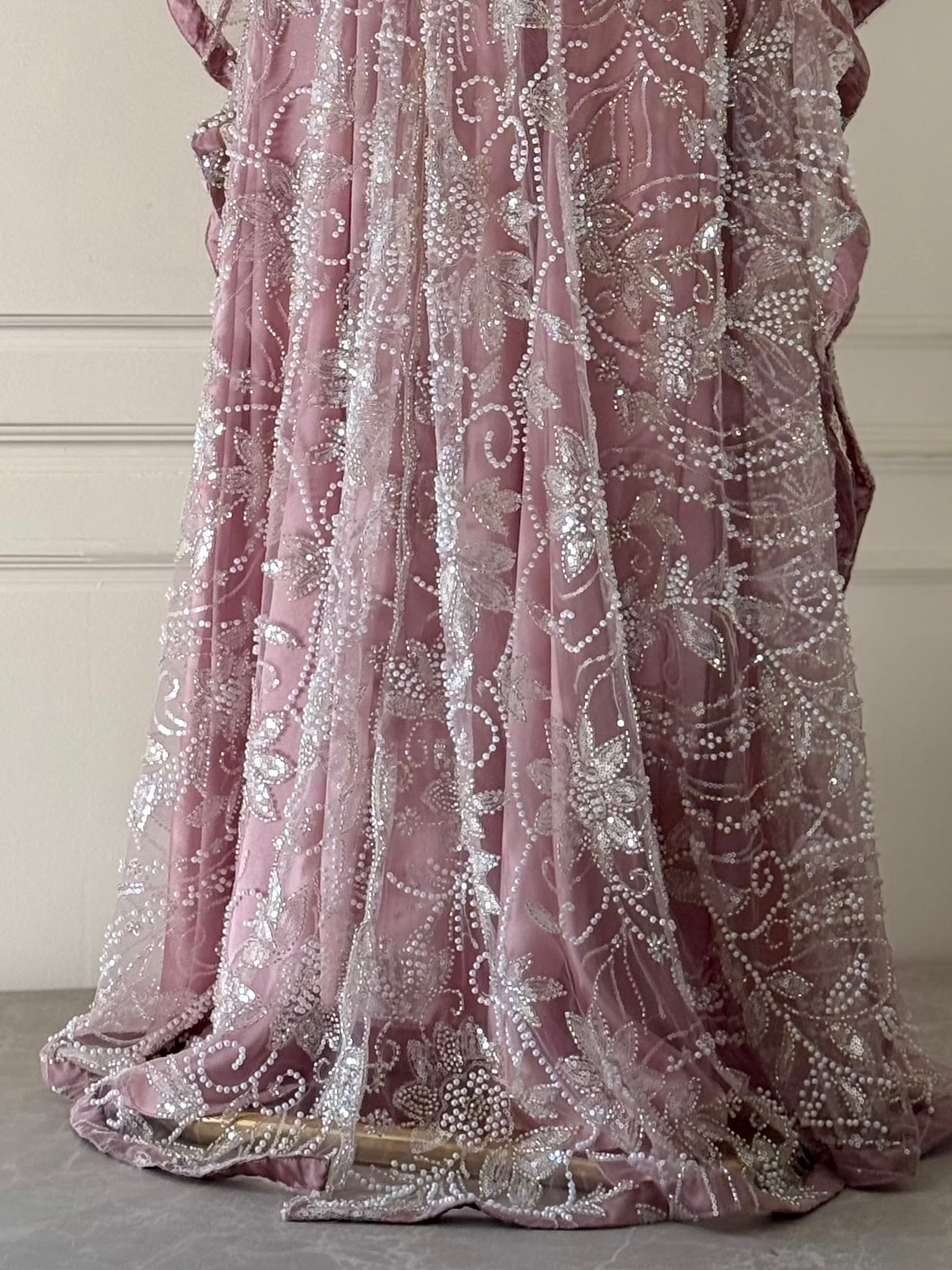 Dusty Rose - Wide Butterfly Abaya in Embroidered Tulle with Pearls & Sequins