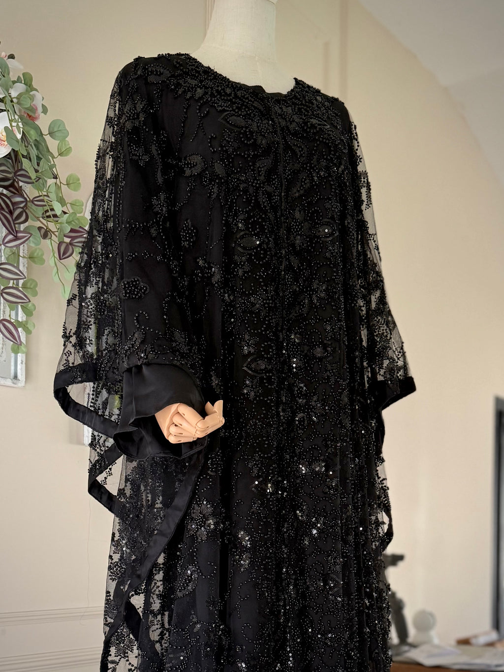 Black - Wide Butterfly Abaya in Embroidered Tulle with Pearls & Sequins