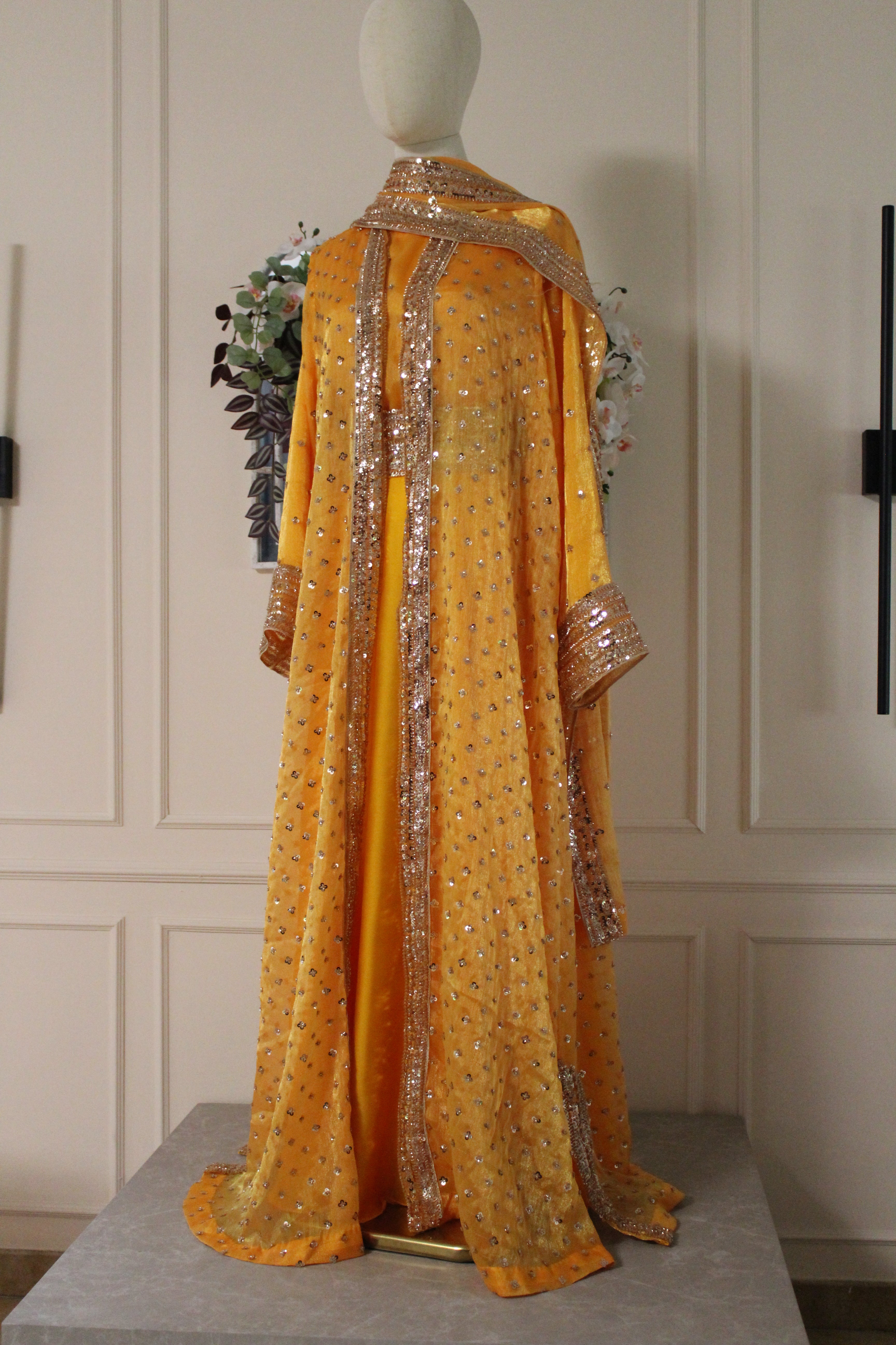 Yellow Topaz Luxury Abaya Set – Pearl Embroidered Sheesha Silk Kaftan | La Parure
