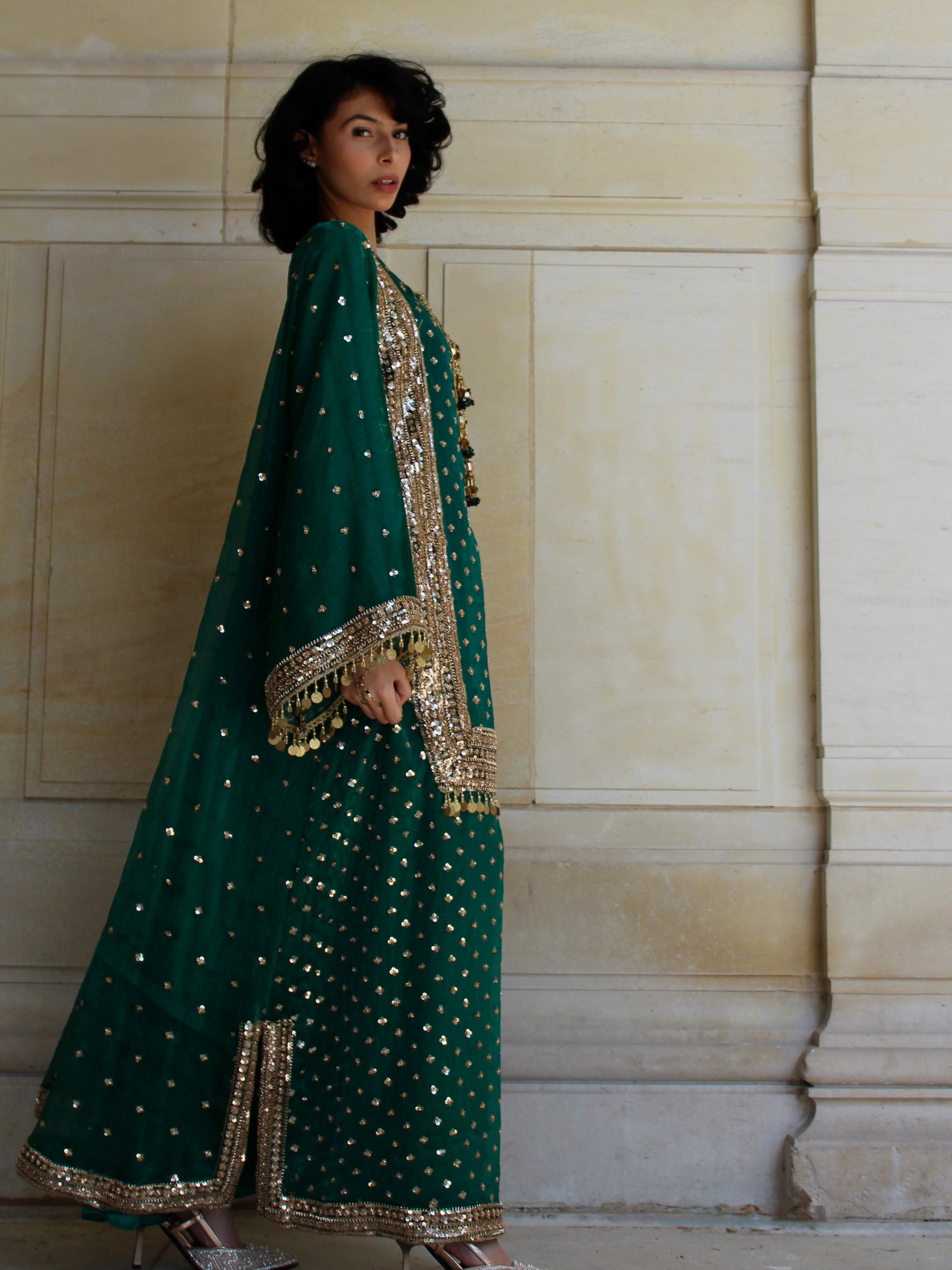 Emerald Embroidered Kaftan Dress Set – Luxury Green Silk A-Line Gown | La Parure