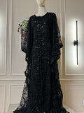 Black - Wide Butterfly Abaya in Embroidered Tulle with Pearls & Sequins