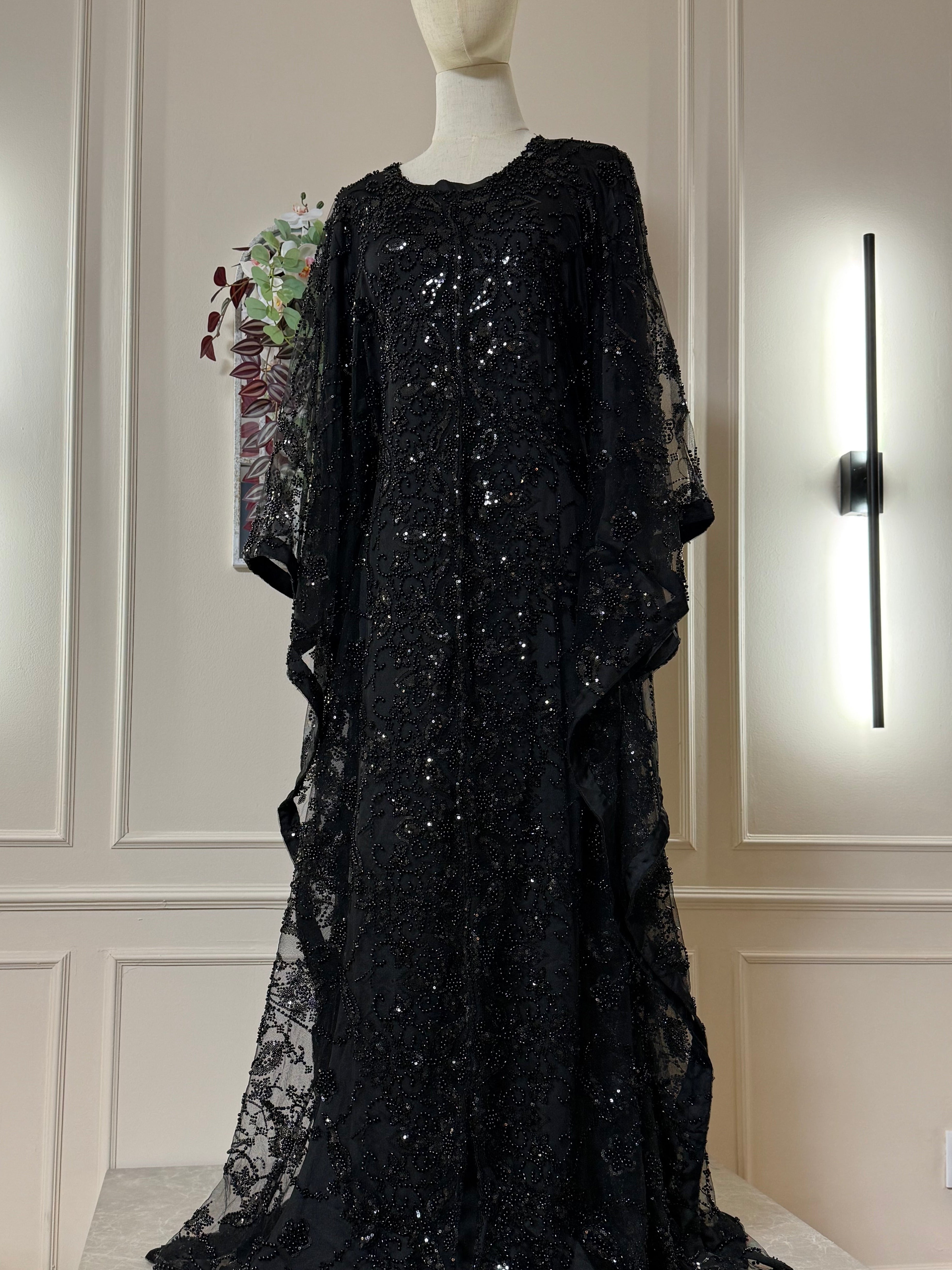 Black - Wide Butterfly Abaya in Embroidered Tulle with Pearls & Sequins