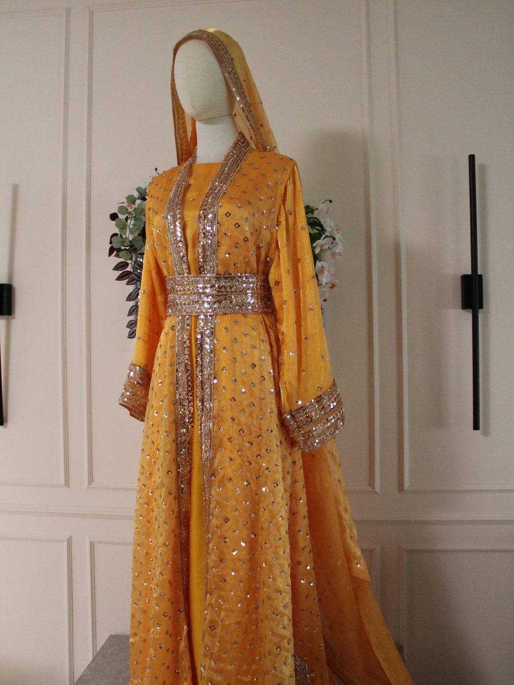Yellow Topaz Luxury Abaya Set – Pearl Embroidered Sheesha Silk Kaftan | La Parure