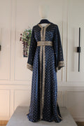 Navy Sapphire Abaya Set – Pearl Embroidered Silk Abaya with Belt | La Parure