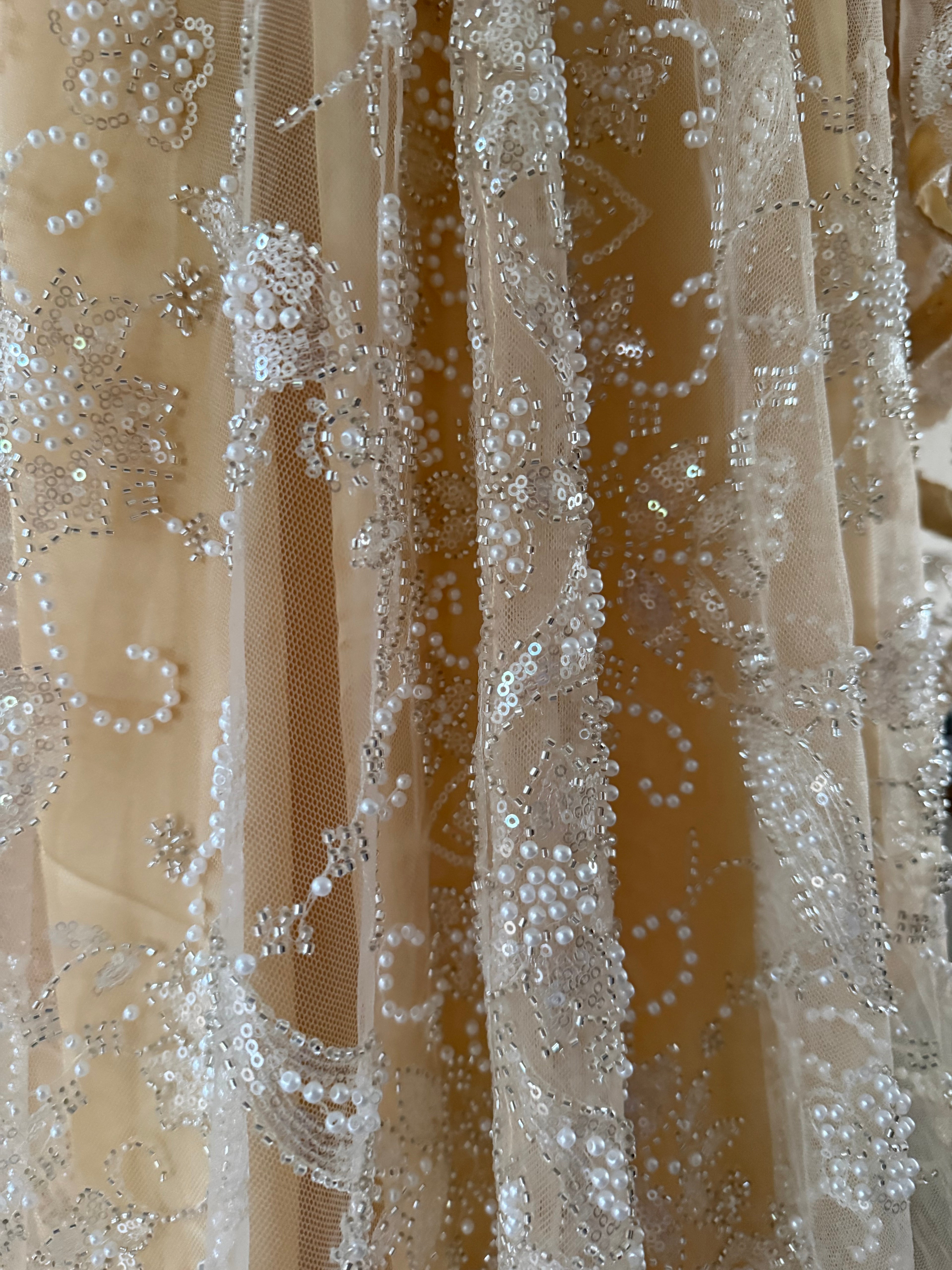 Gold - Wide Butterfly Abaya in Embroidered Tulle with Pearls & Sequins