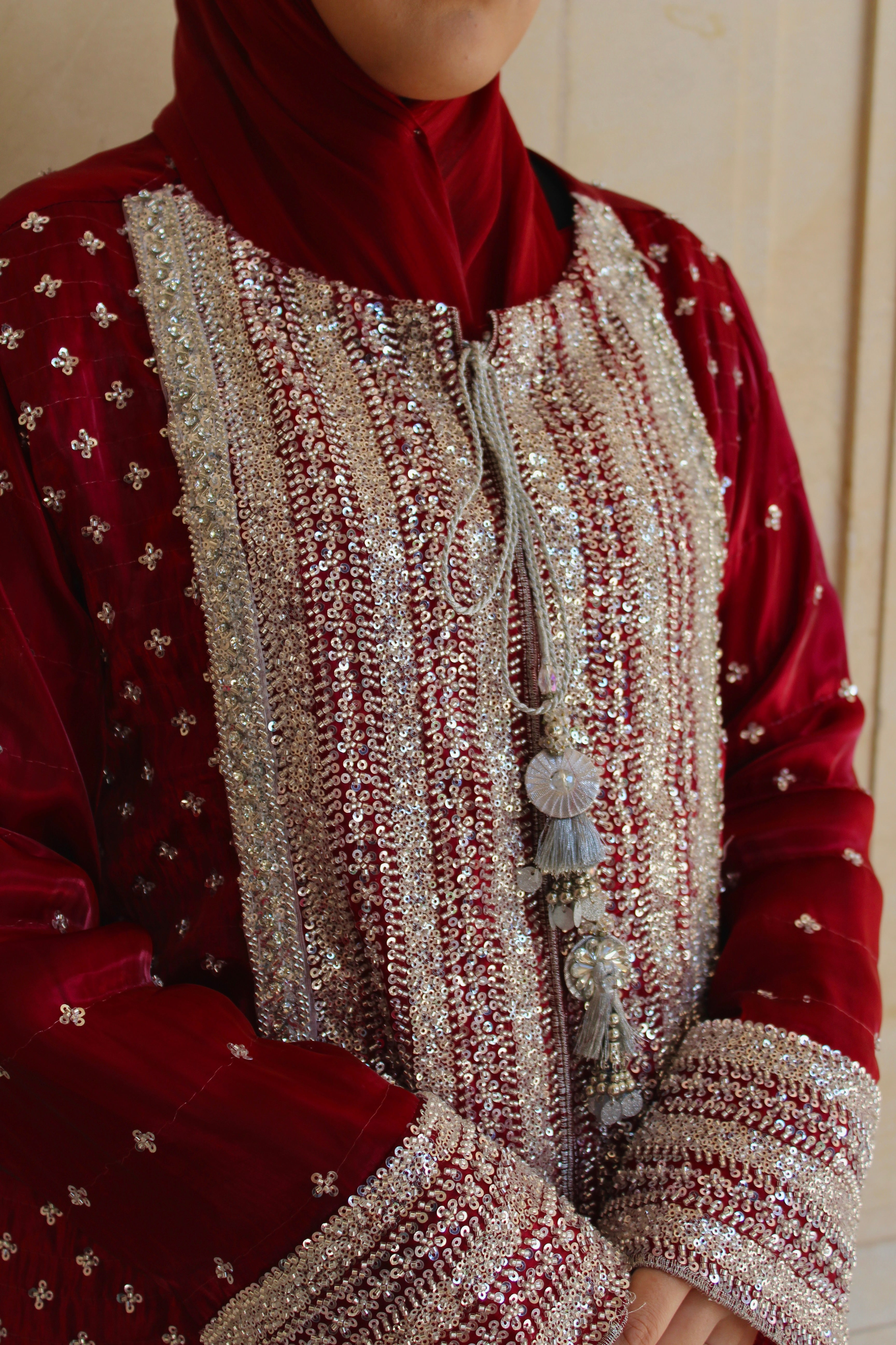 Ruby Embroidered Kaftan Dress Set – Luxury Red Silk A-Line Gown | La Parure