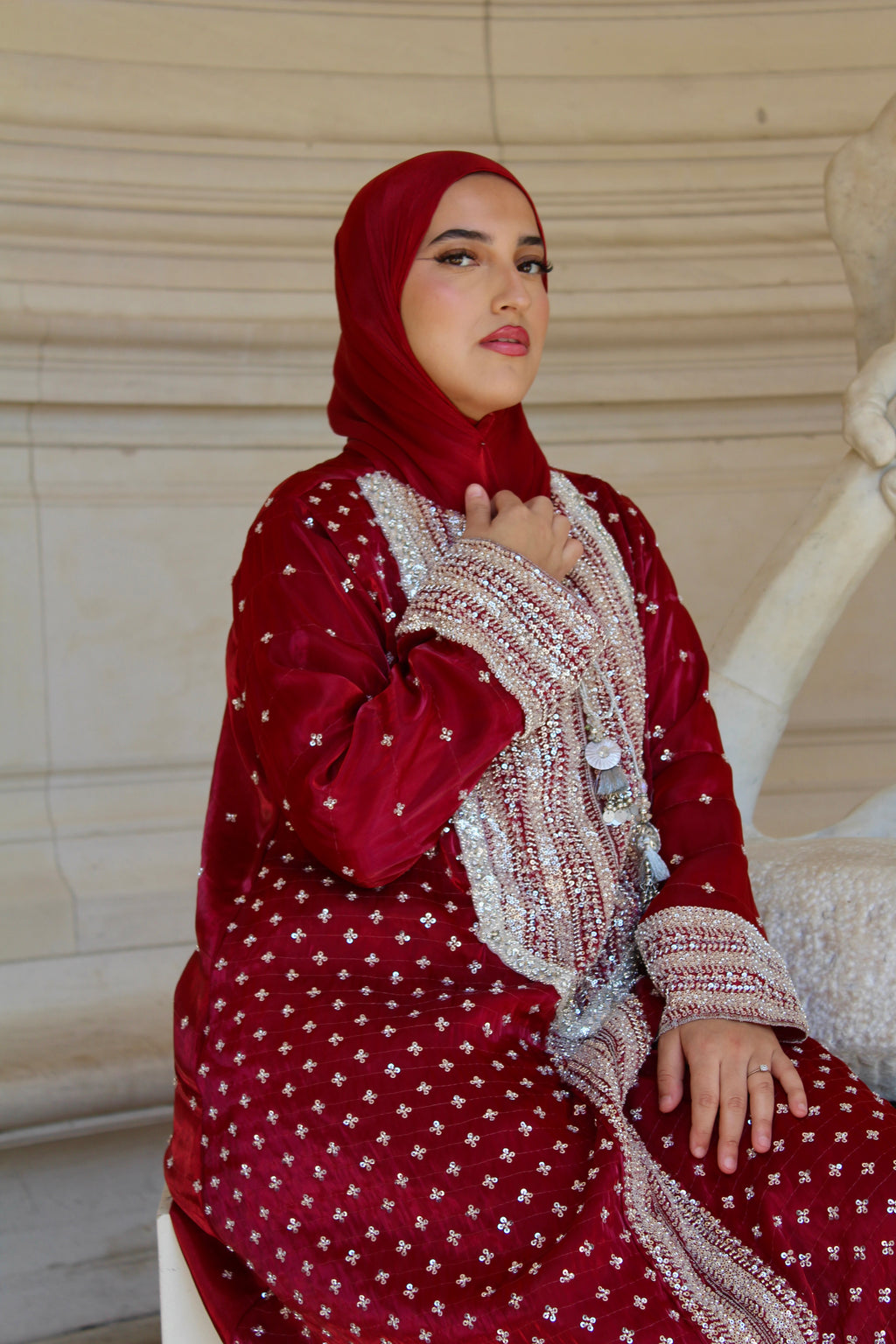 Ruby Embroidered Kaftan Dress Set – Luxury Red Silk A-Line Gown | La Parure