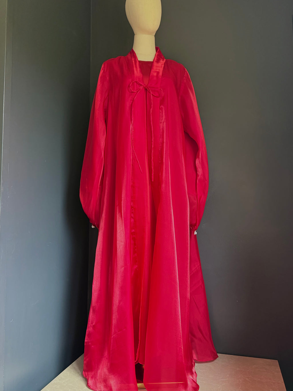 Crimson Petal Abaya | Sheesha Silk with Beaded Lace Sleeves & Silk Lining