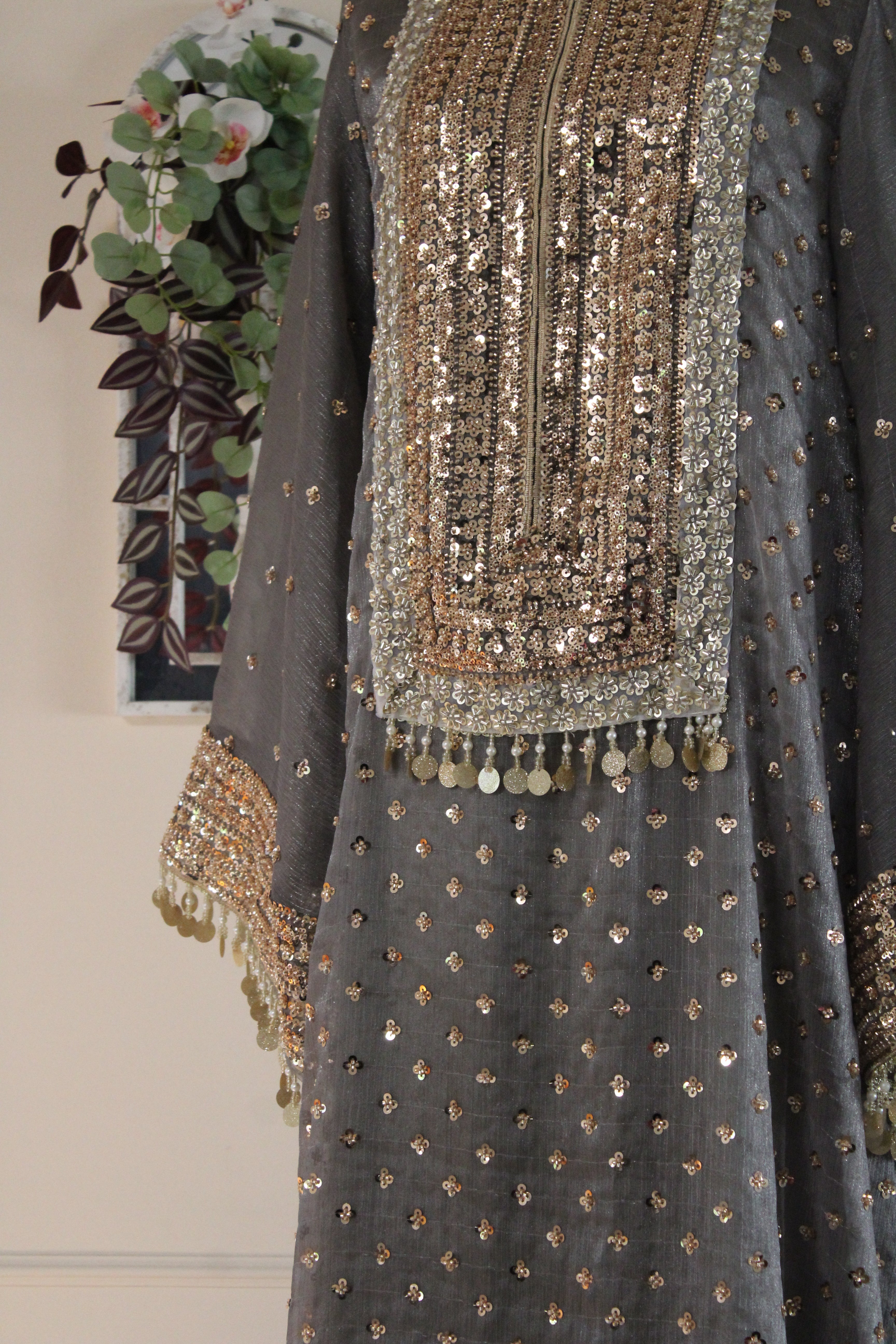 Moonstone Embroidered Kaftan Dress Set – Luxury Grey Silk A-Line Gown | La Parure