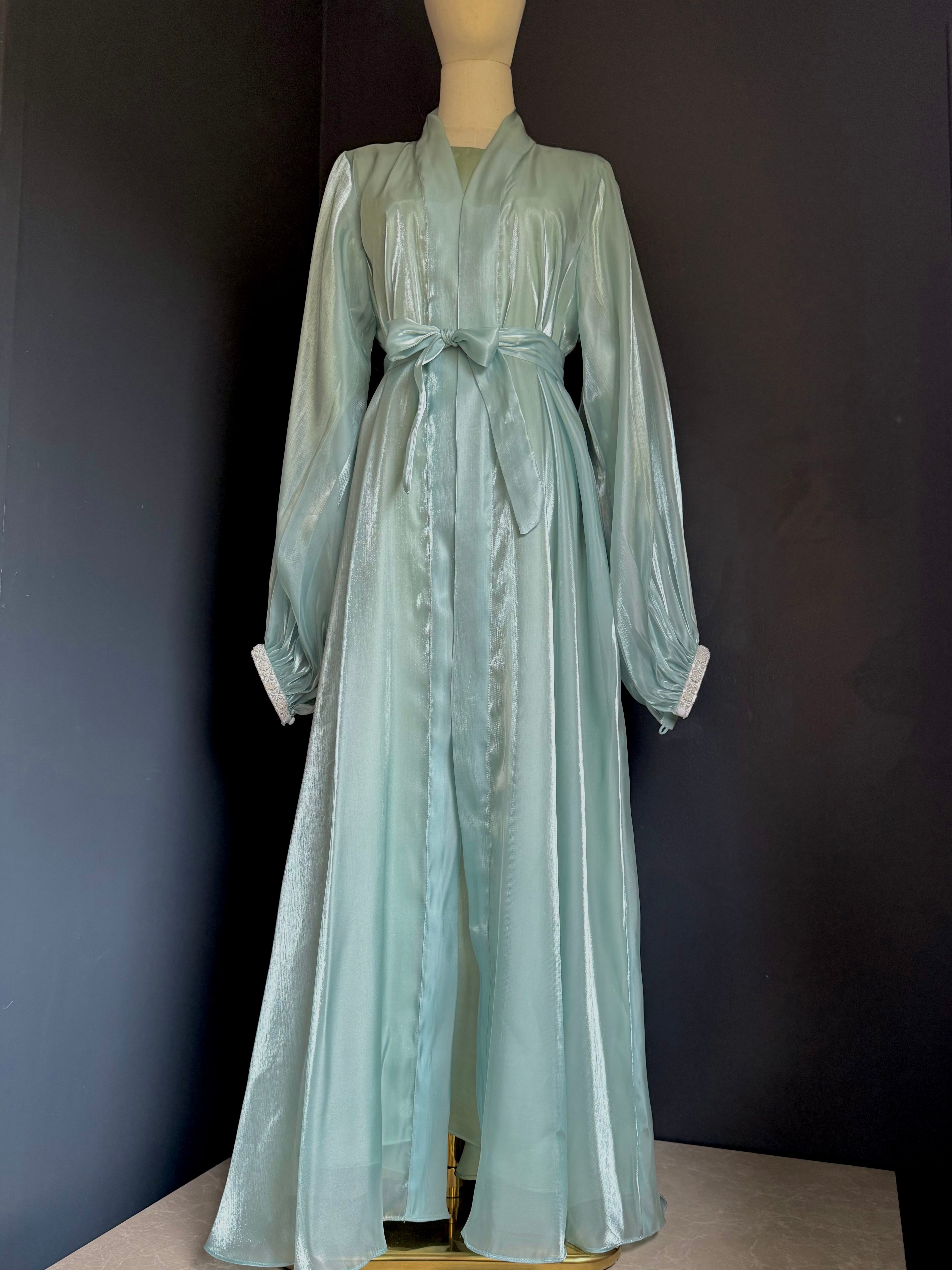 Mint Sea Abaya | Sheesha Silk with Beaded Lace Sleeves & Silk Lining