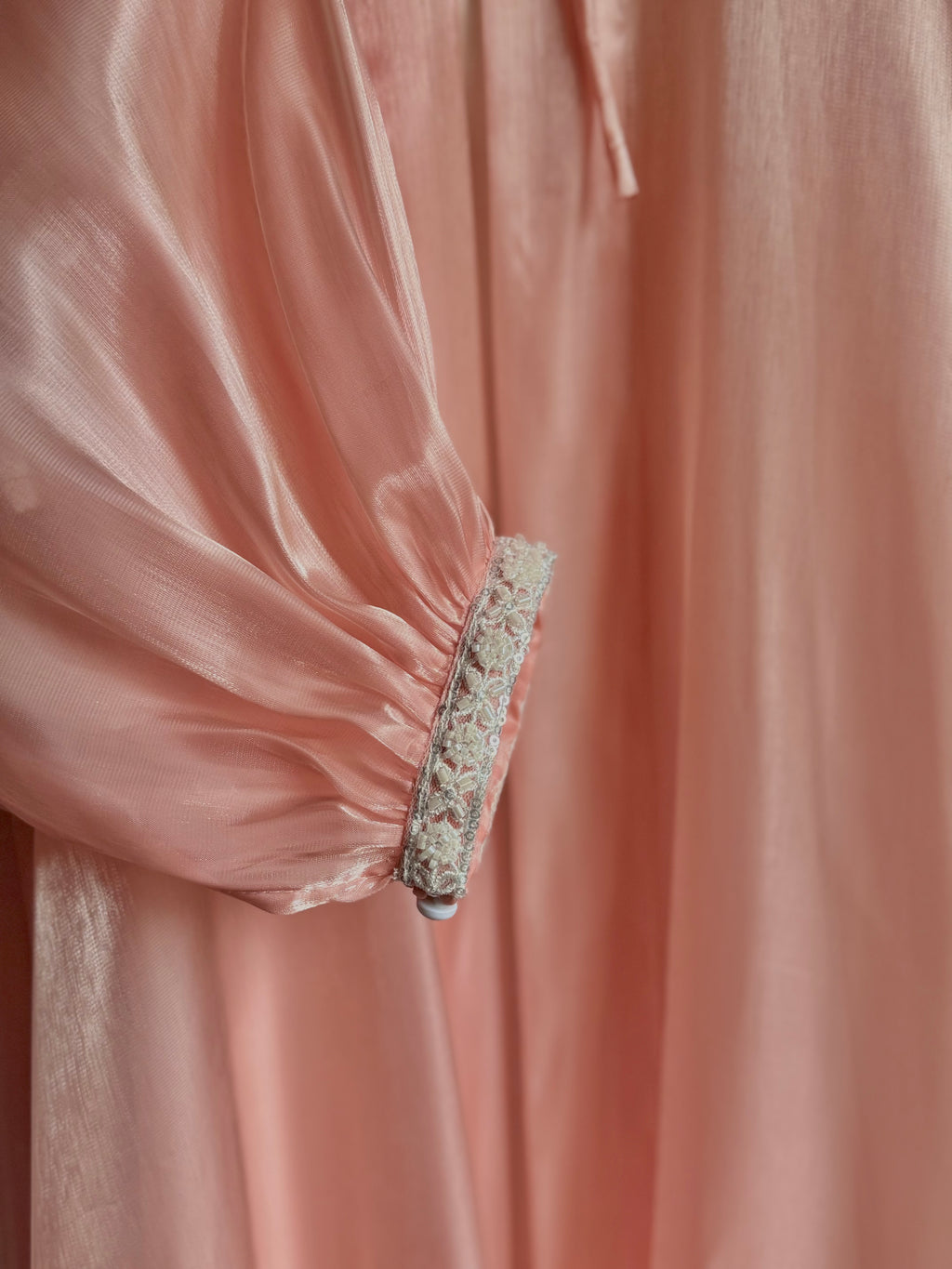 Blush Petal Abaya | Sheesha Silk with Beaded Lace Sleeves & Satin Lining