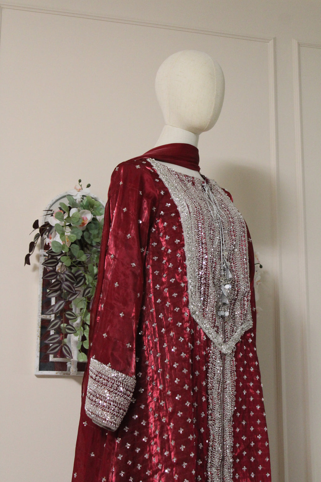 Ruby Embroidered Kaftan Dress Set – Luxury Red Silk A-Line Gown | La Parure