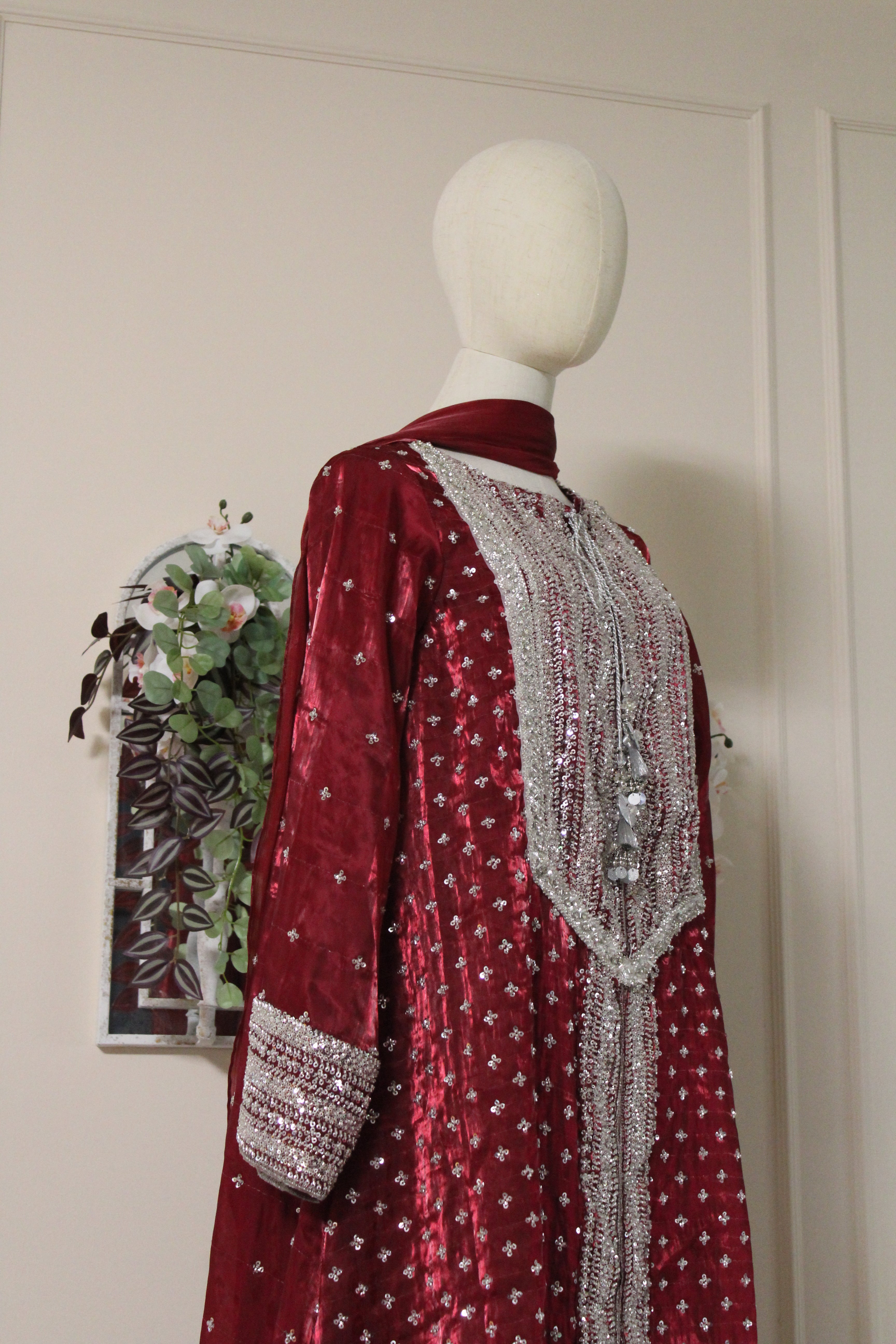 Ruby Embroidered Kaftan Dress Set – Luxury Red Silk A-Line Gown | La Parure