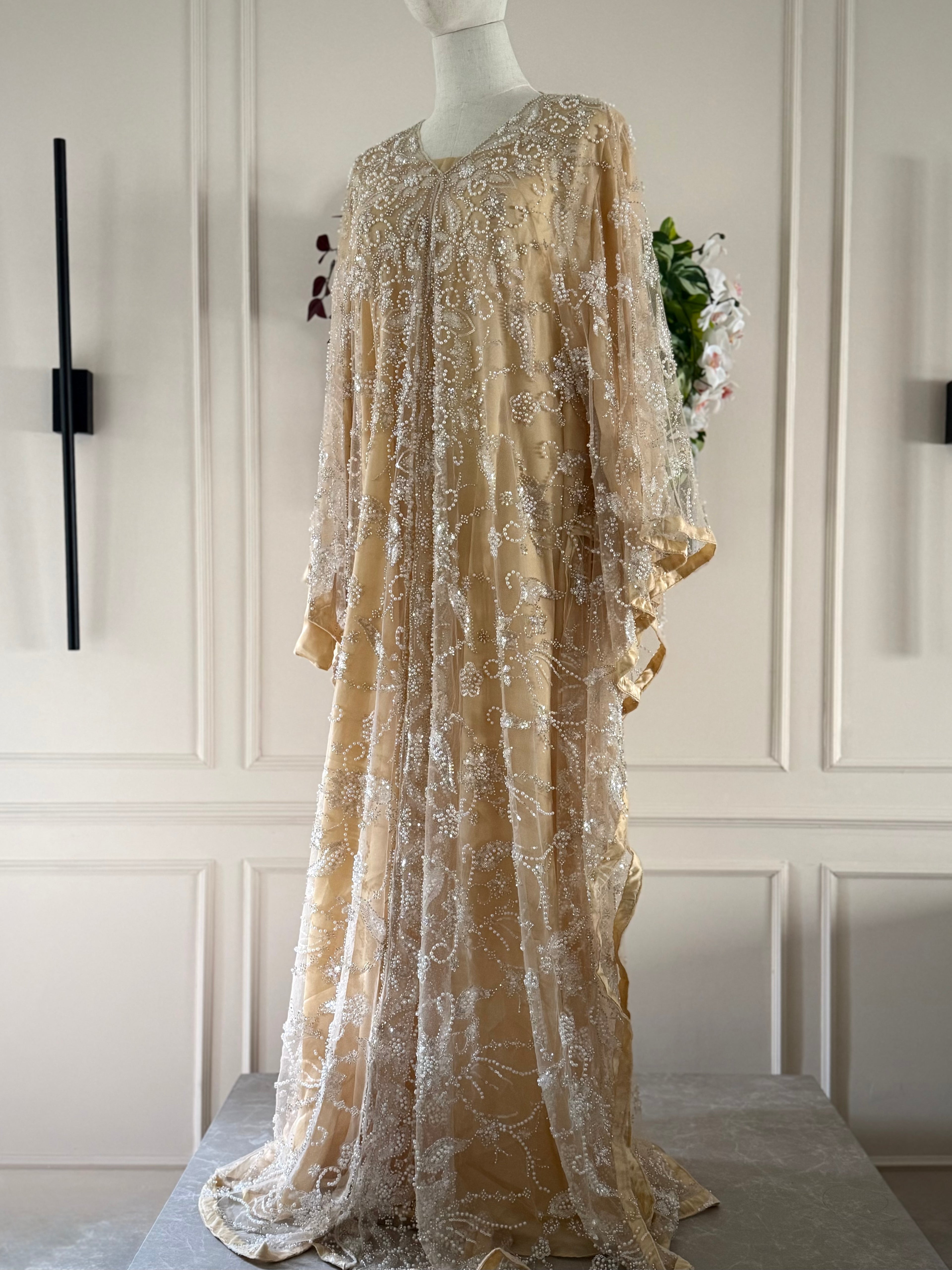 Gold - Wide Butterfly Abaya in Embroidered Tulle with Pearls & Sequins