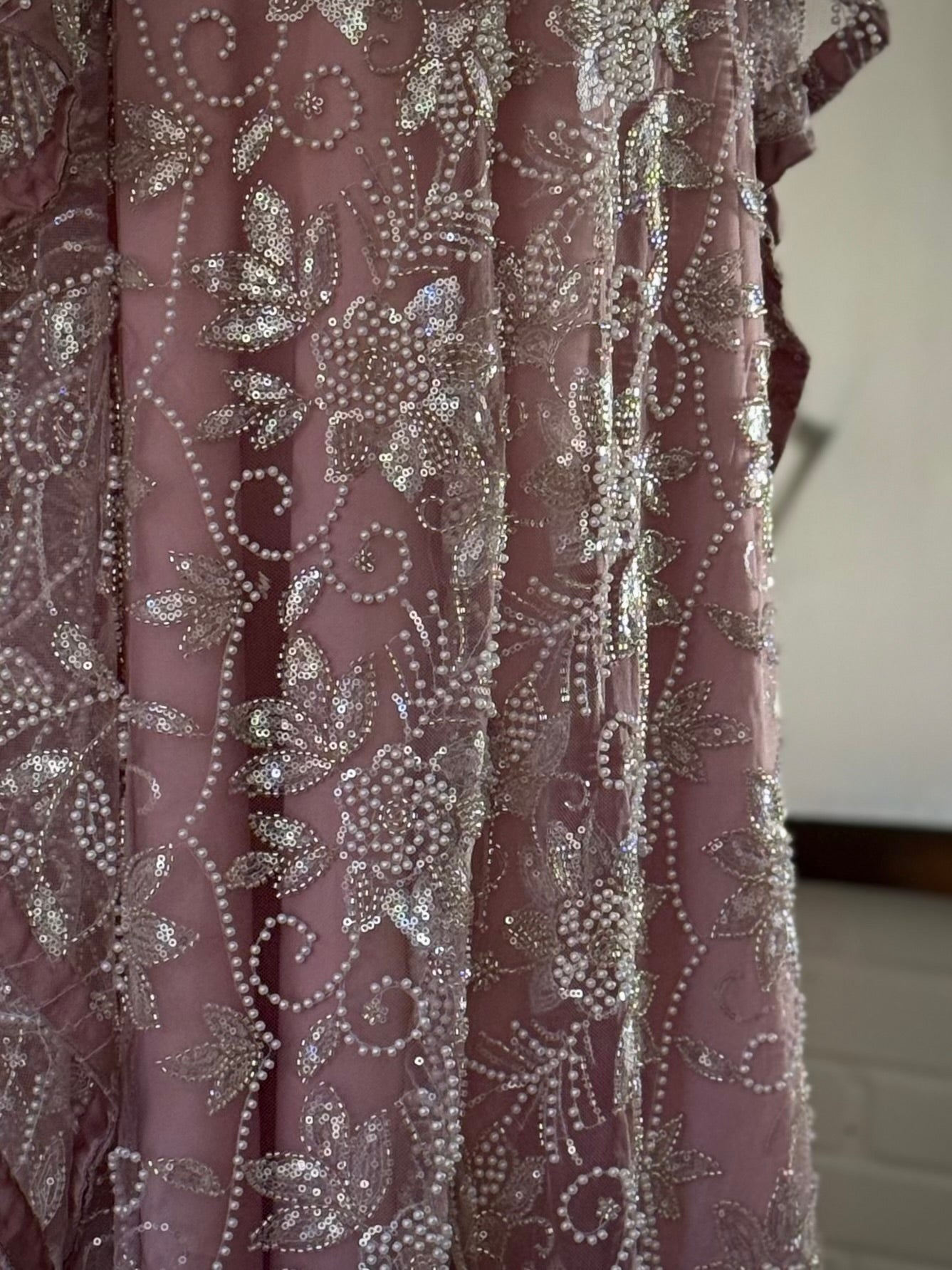Dusty Rose - Wide Butterfly Abaya in Embroidered Tulle with Pearls & Sequins