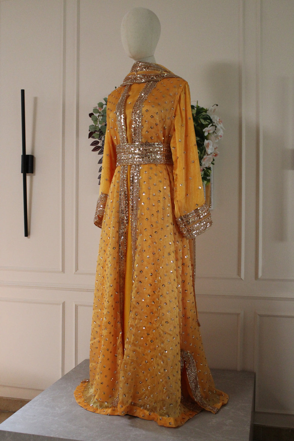 Yellow Topaz Luxury Abaya Set – Pearl Embroidered Sheesha Silk Kaftan | La Parure